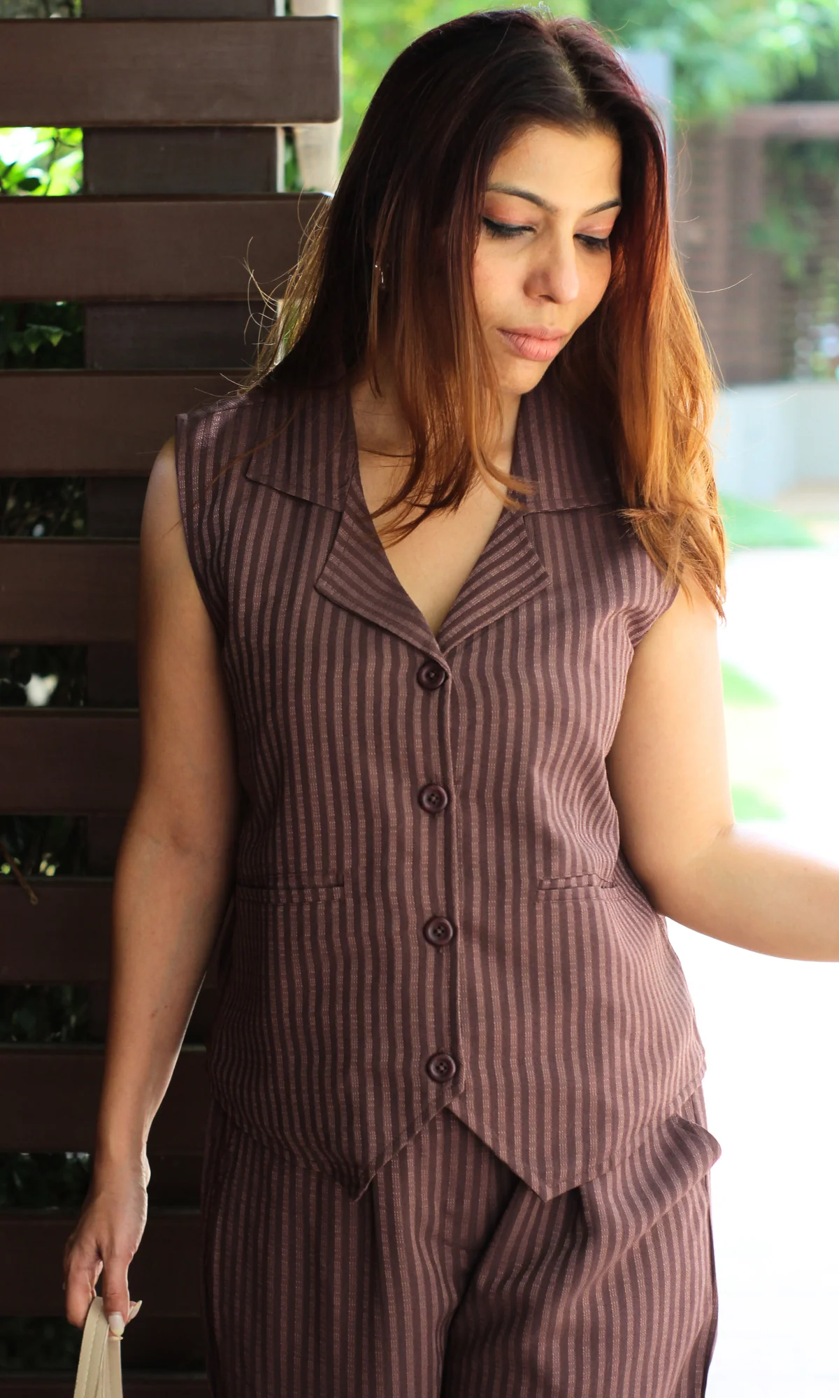 Brown Striped Collared Waist Coat and Pants - Image 3