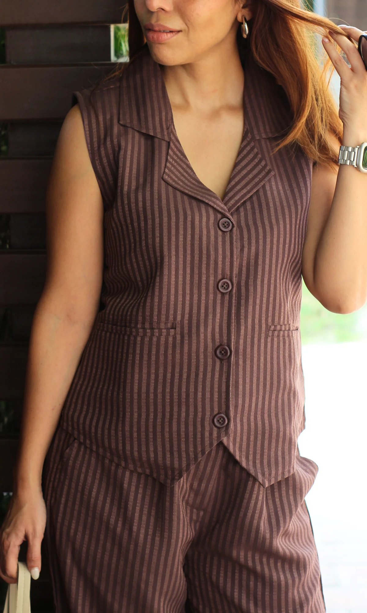 Brown Striped Collared Waist Coat and Pants - Image 4