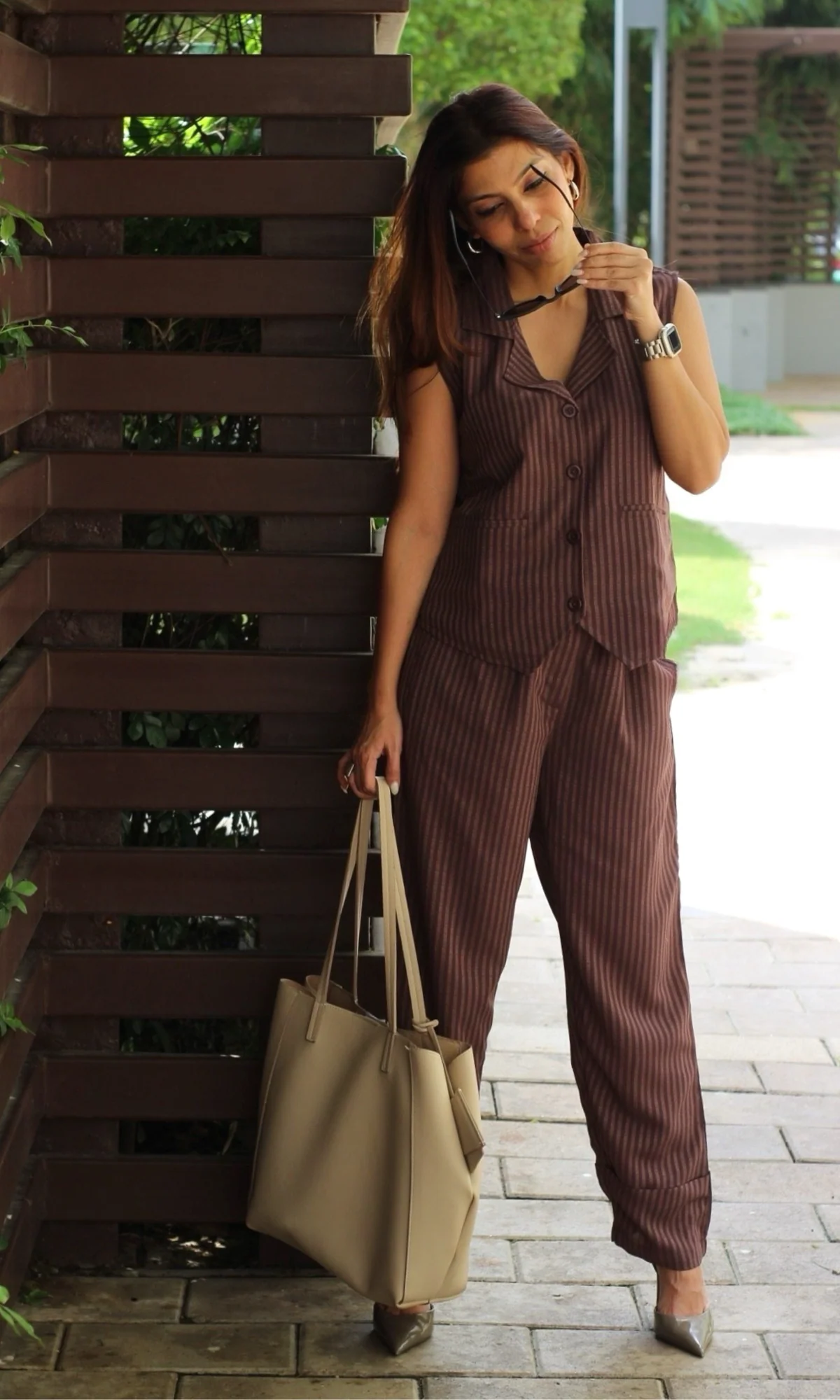 Brown Striped Collared Waist Coat and Pants - Image 6