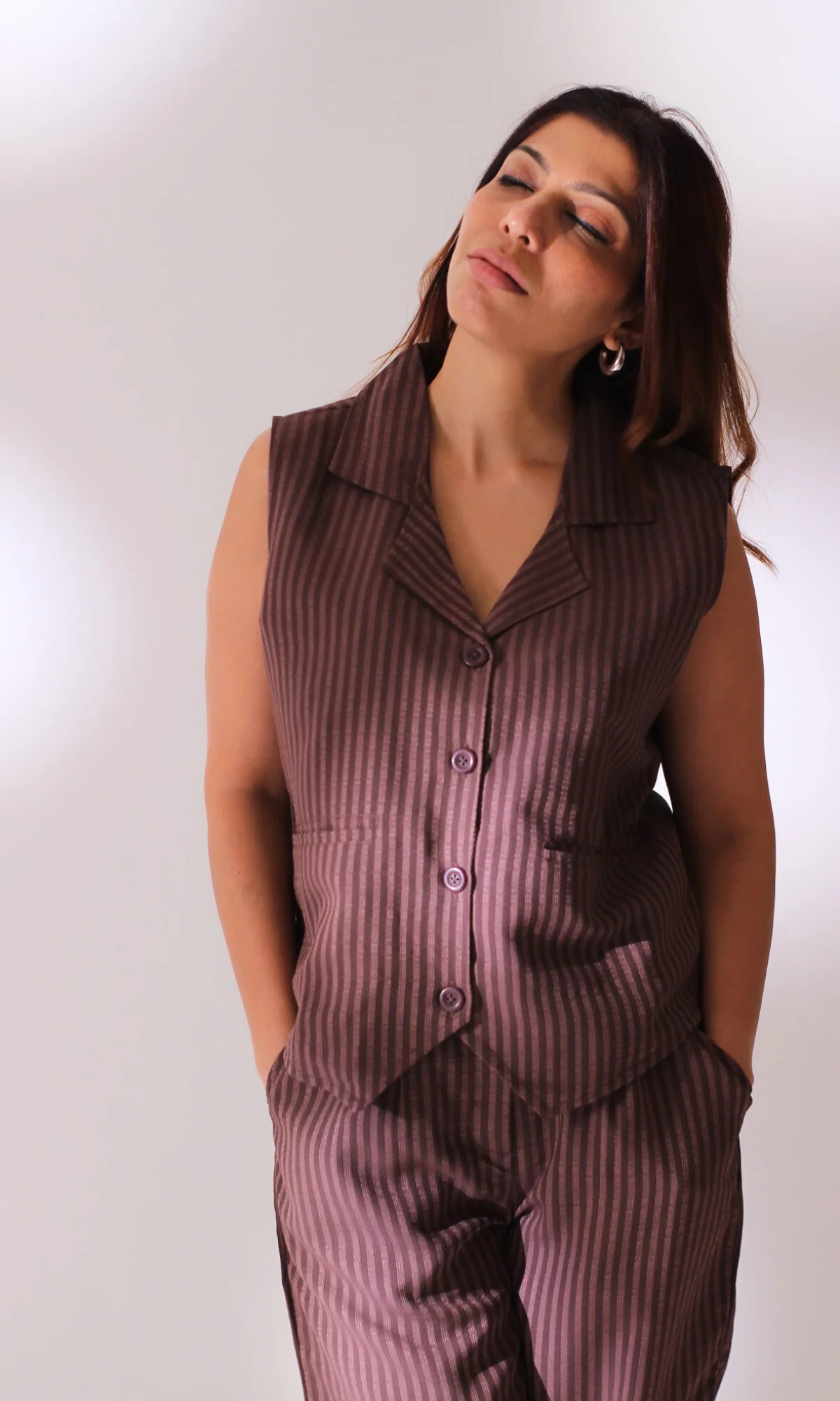 Brown Striped Collared Waist Coat and Pants - Image 7