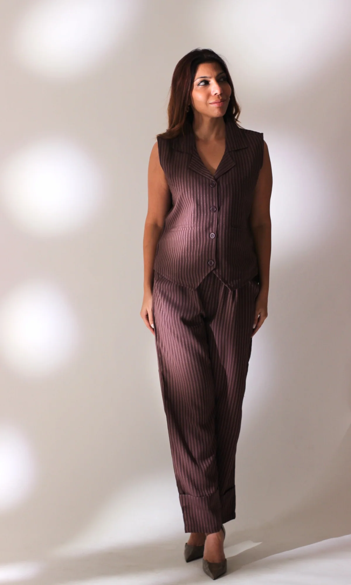 Brown Striped Collared Waist Coat and Pants - Image 8