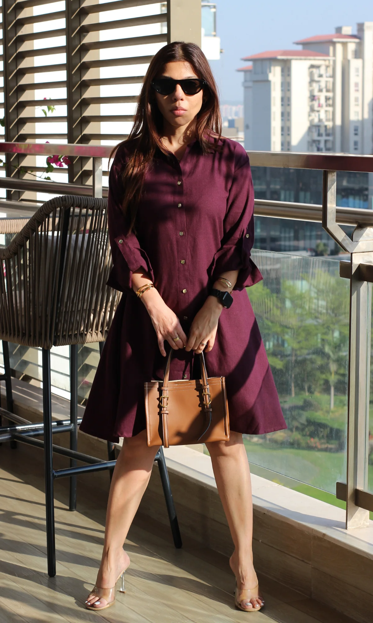 Burgundy Metallic Buttoned Shirt Dress - Image 2