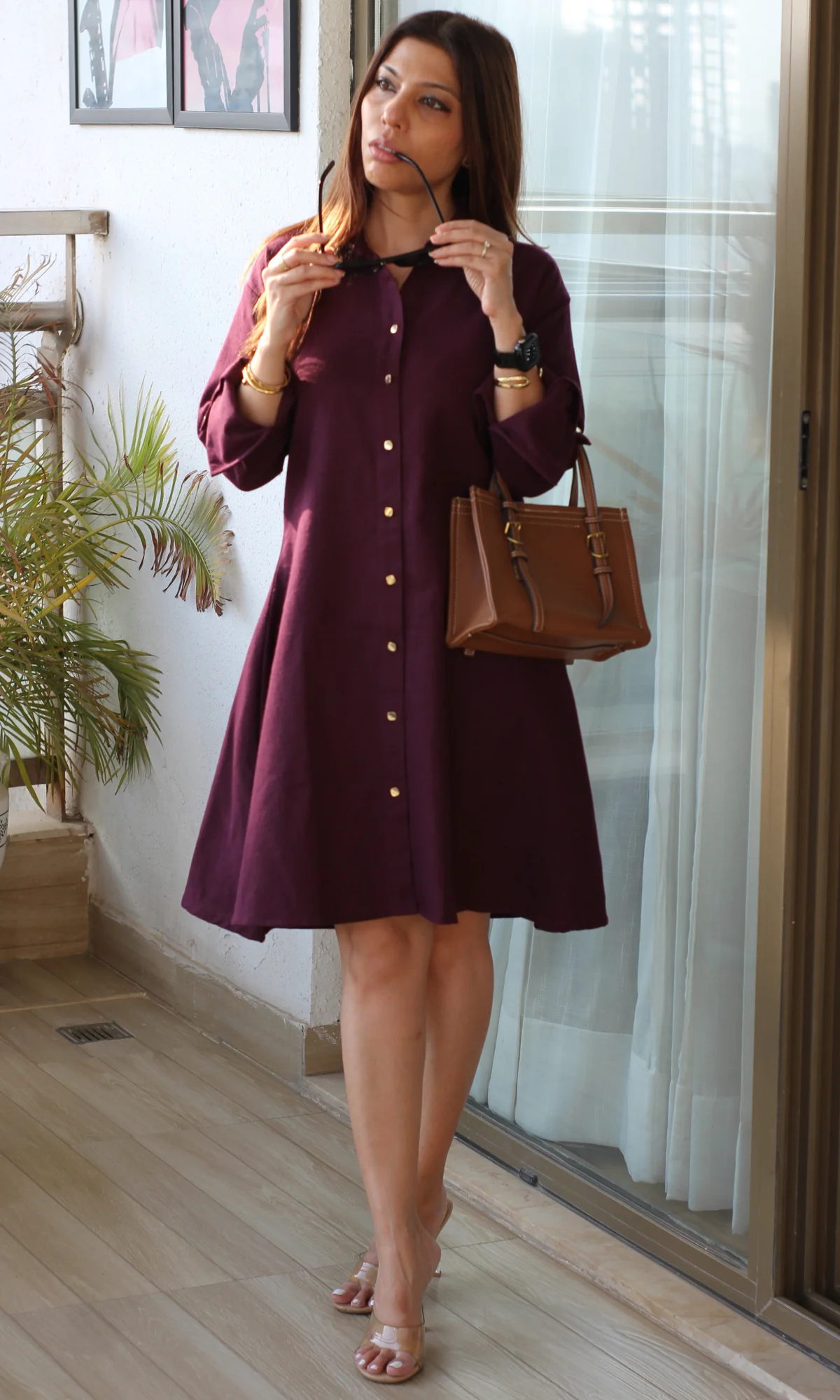 Burgundy Metallic Buttoned Shirt Dress - Image 3