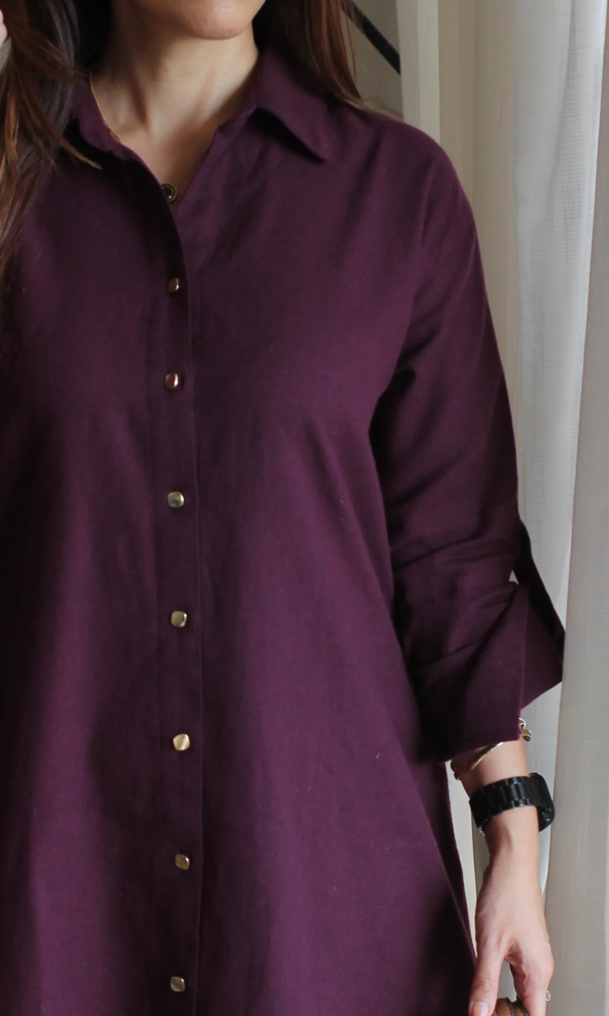 Burgundy Metallic Buttoned Shirt Dress - Image 4