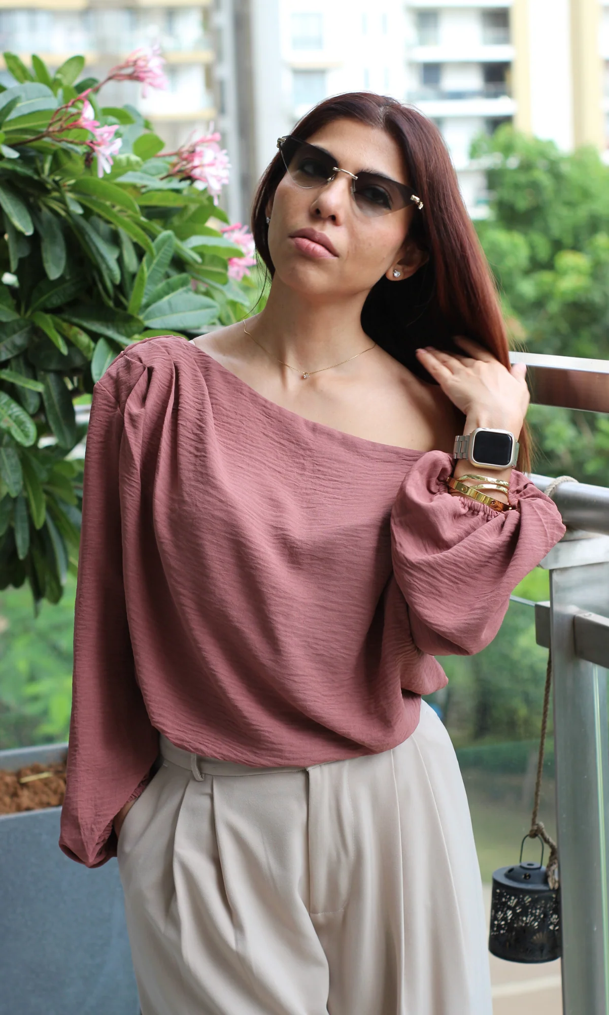 Burnt Umber Balloon Sleeved One Shoulder Top