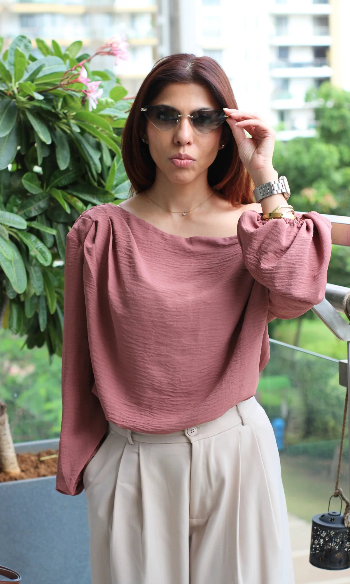 Burnt Umber Balloon Sleeved One Shoulder Top - Image 2