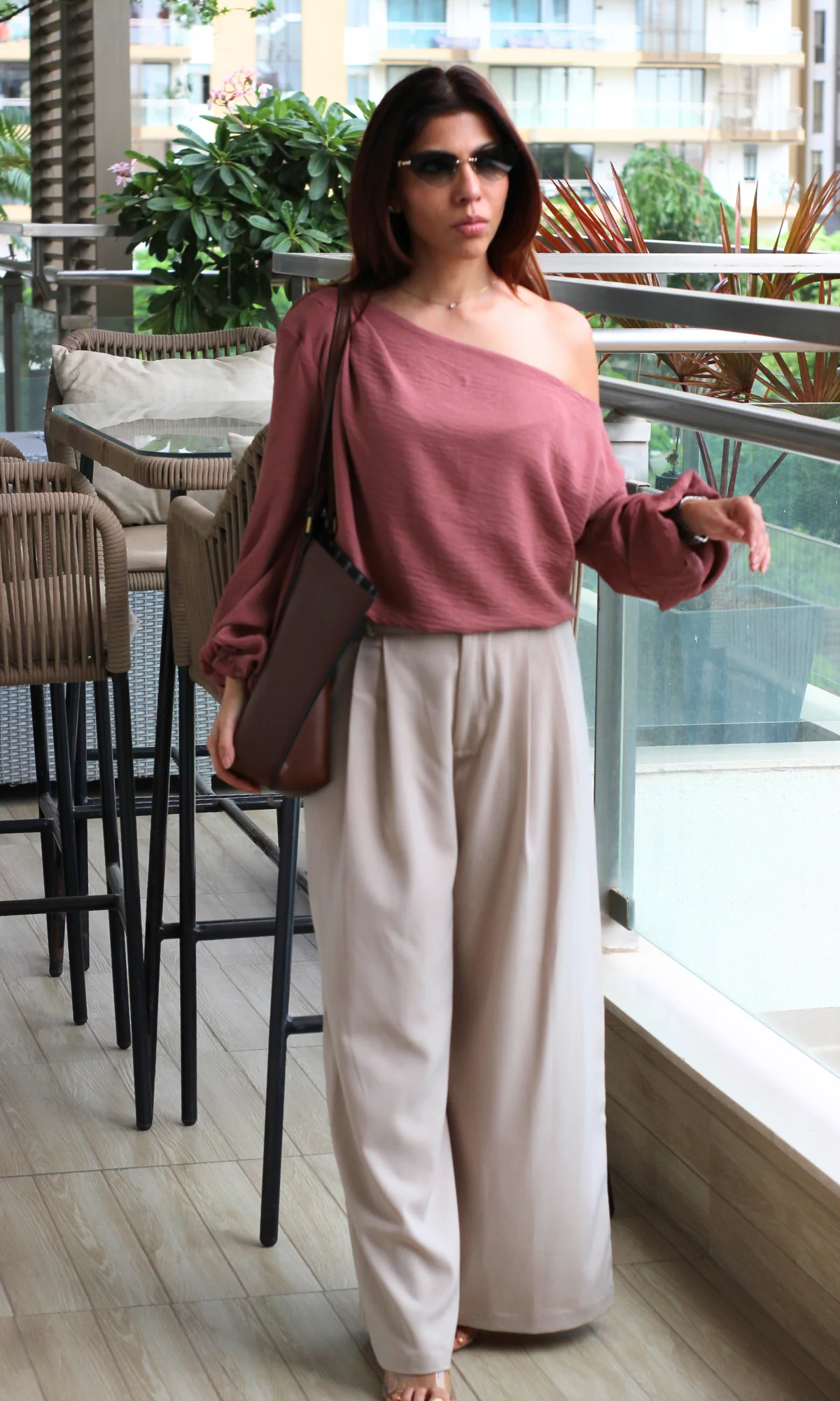 Burnt Umber Balloon Sleeved One Shoulder Top - Image 3