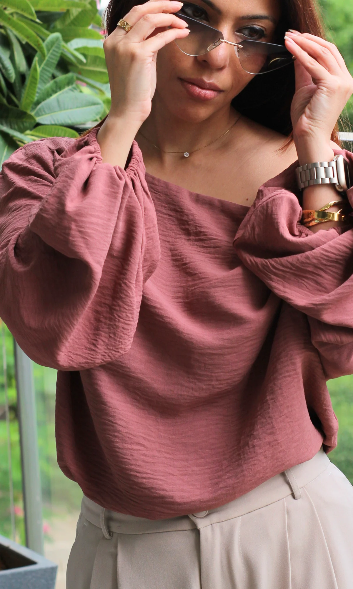 Burnt Umber Balloon Sleeved One Shoulder Top - Image 4