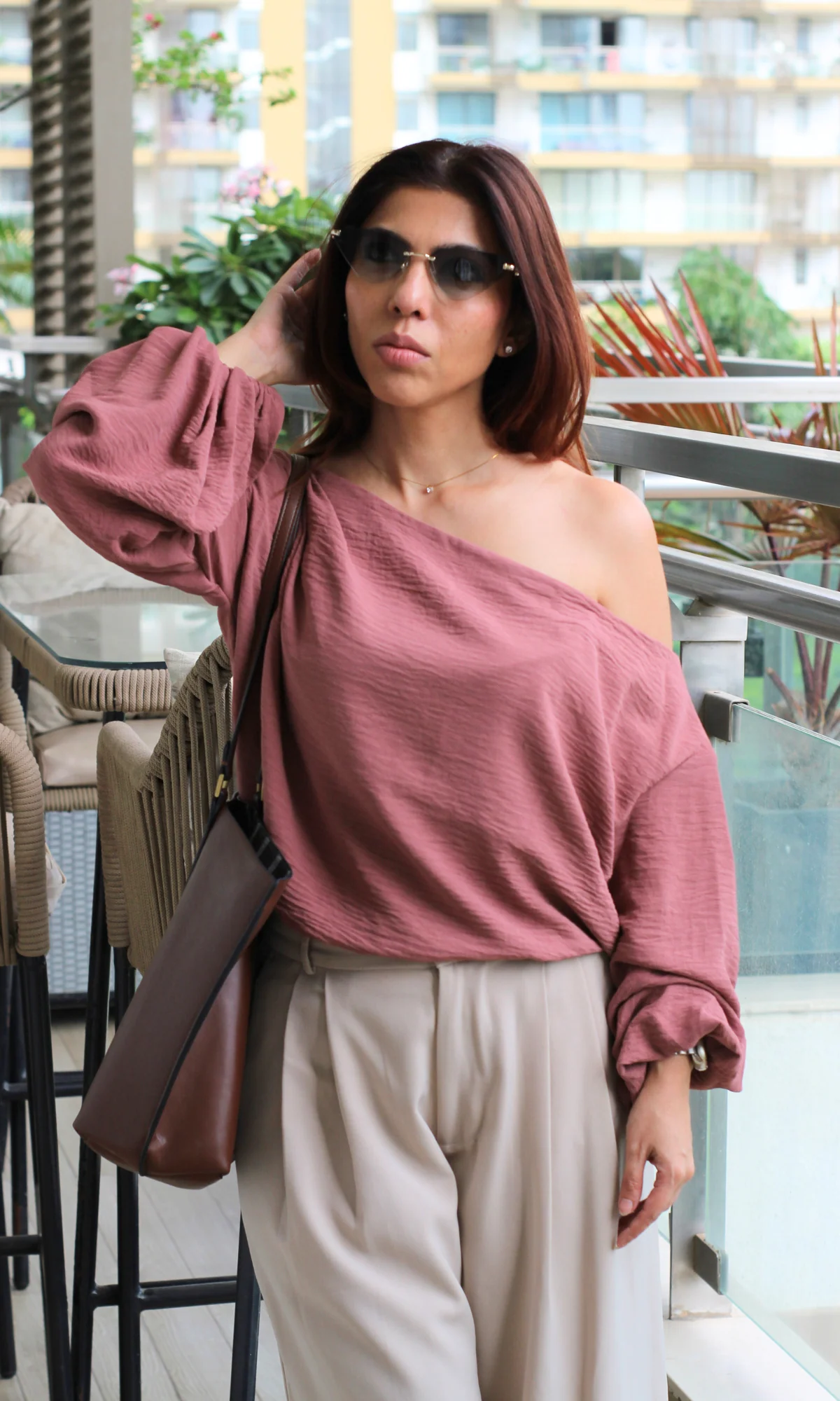 Burnt Umber Balloon Sleeved One Shoulder Top - Image 5