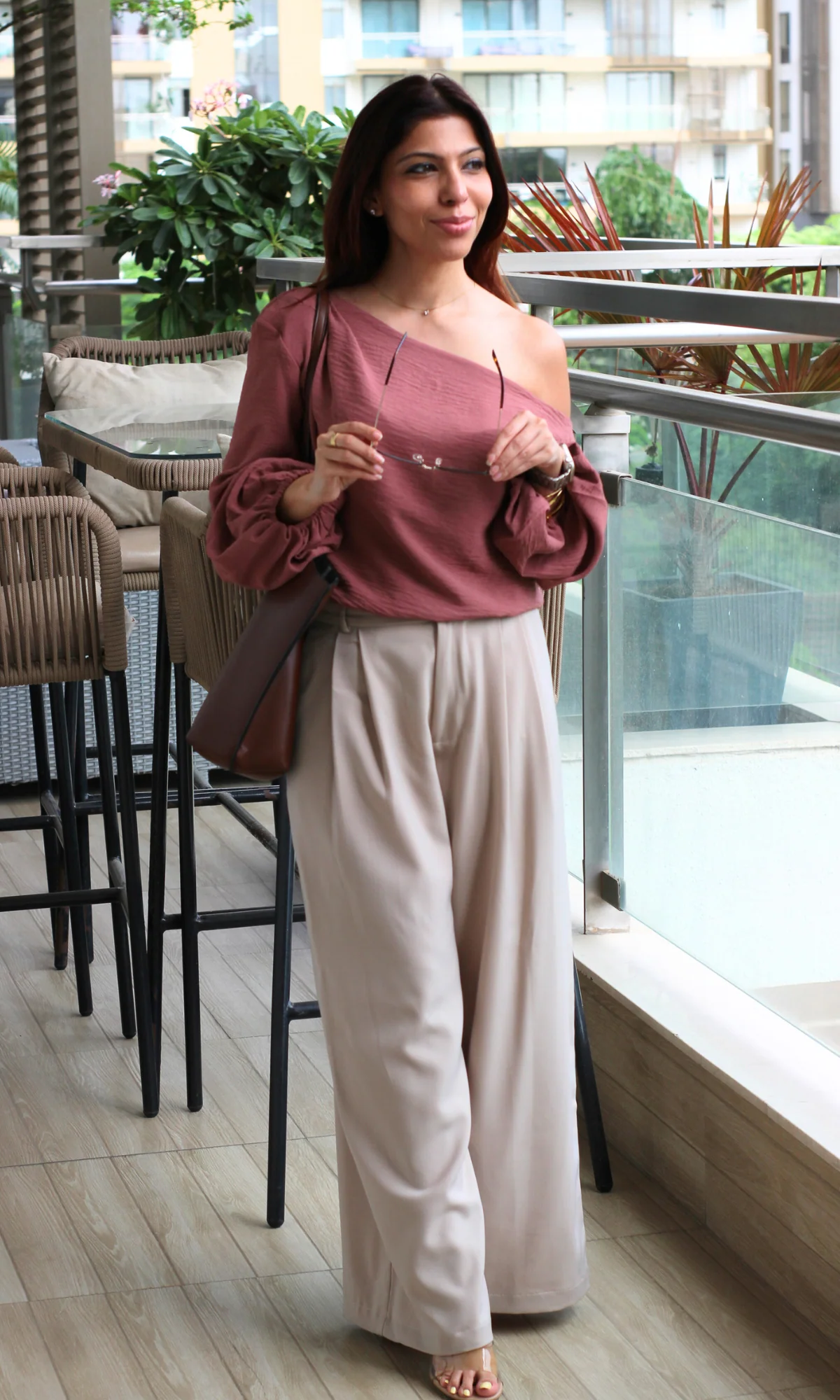 Burnt Umber Balloon Sleeved One Shoulder Top - Image 6