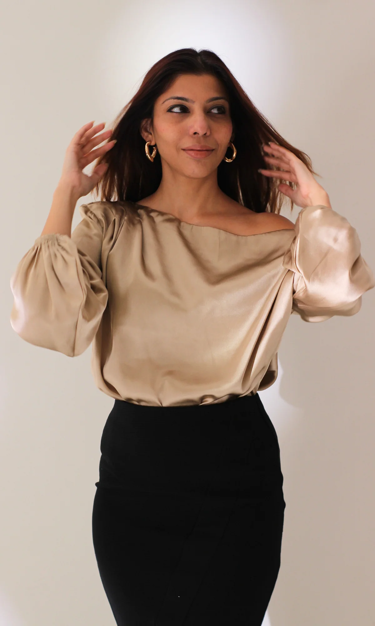 Champagne Balloon Sleeved One Shoulder Top - Image 2