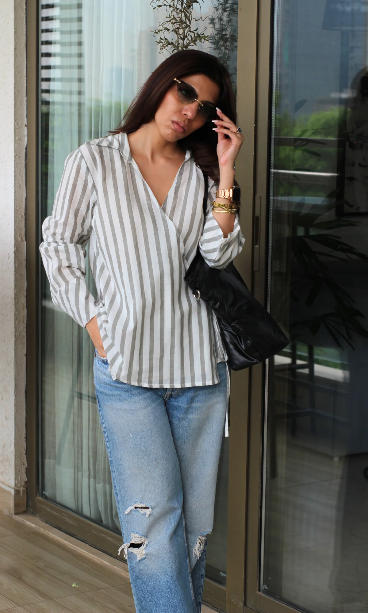 Charcoal-White Collared Cotton Kimono Top - Image 4