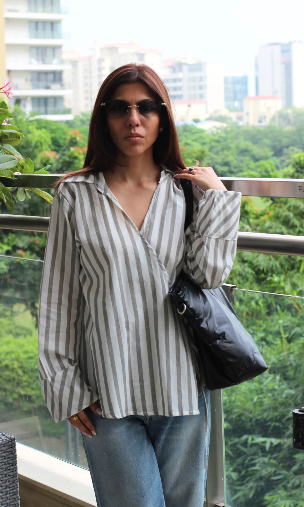 Charcoal-White Collared Cotton Kimono Top - Image 5