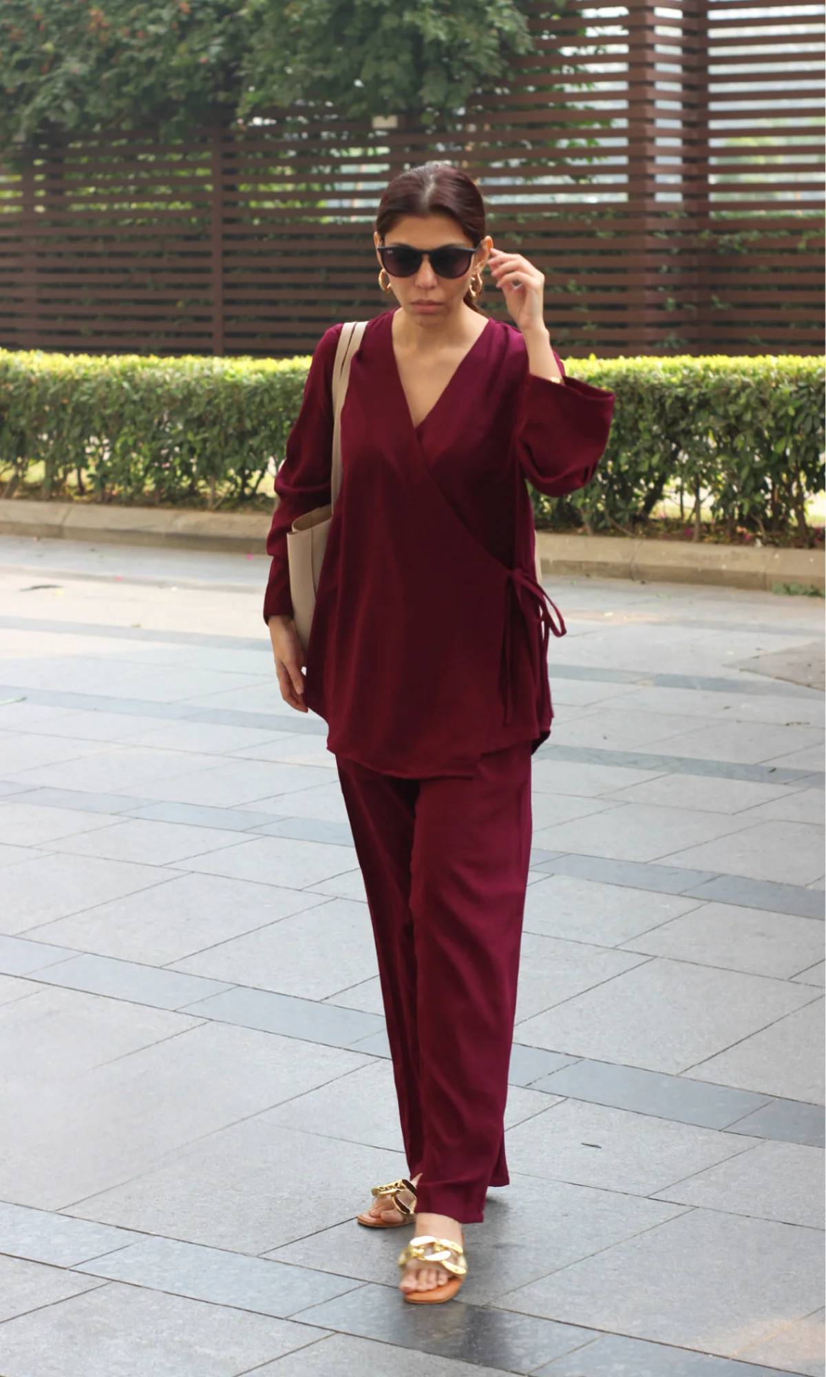 Cherry Textured Tie Detail Kimono Top with Pants Co-ord - Image 3