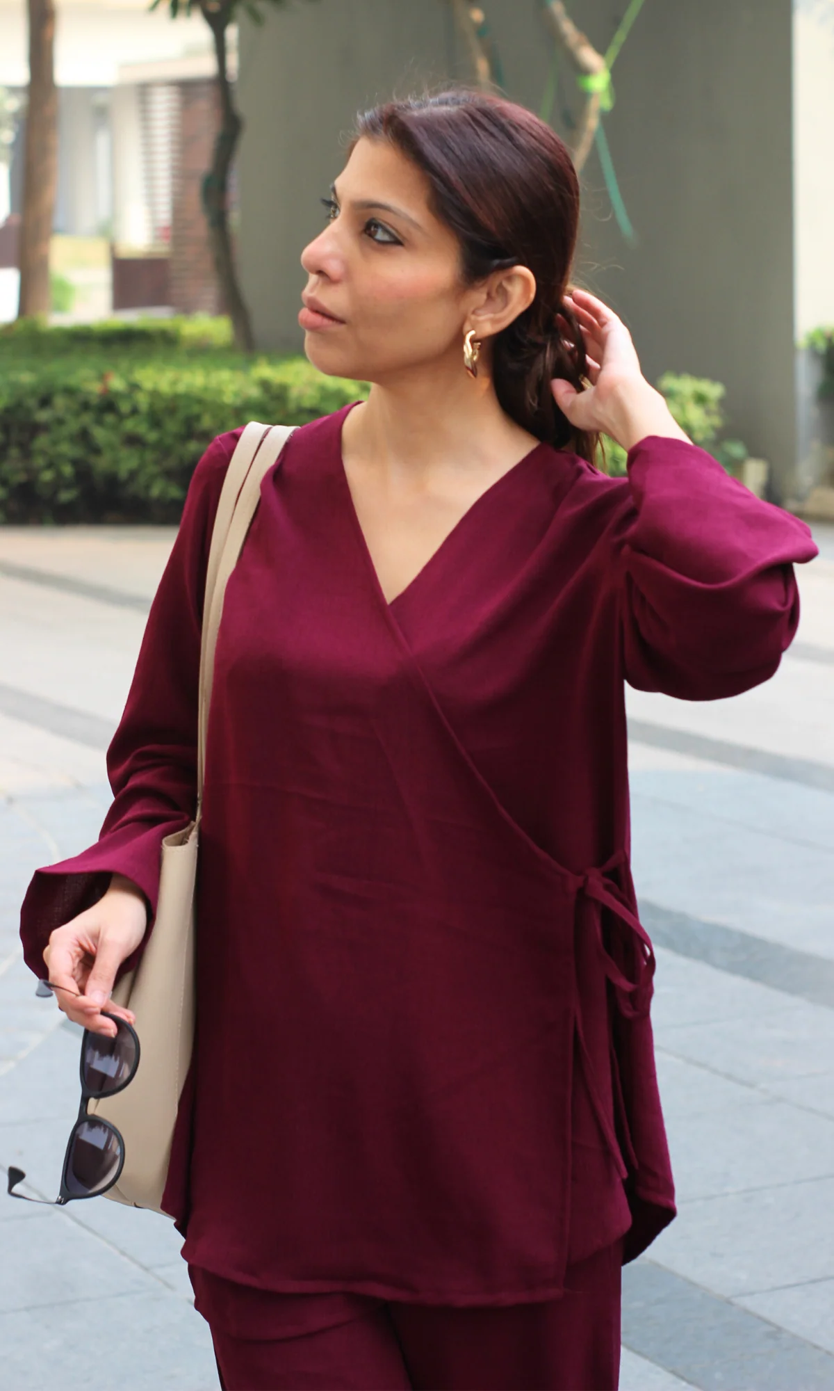 Cherry Textured Tie Detail Kimono Top with Pants Co-ord - Image 4