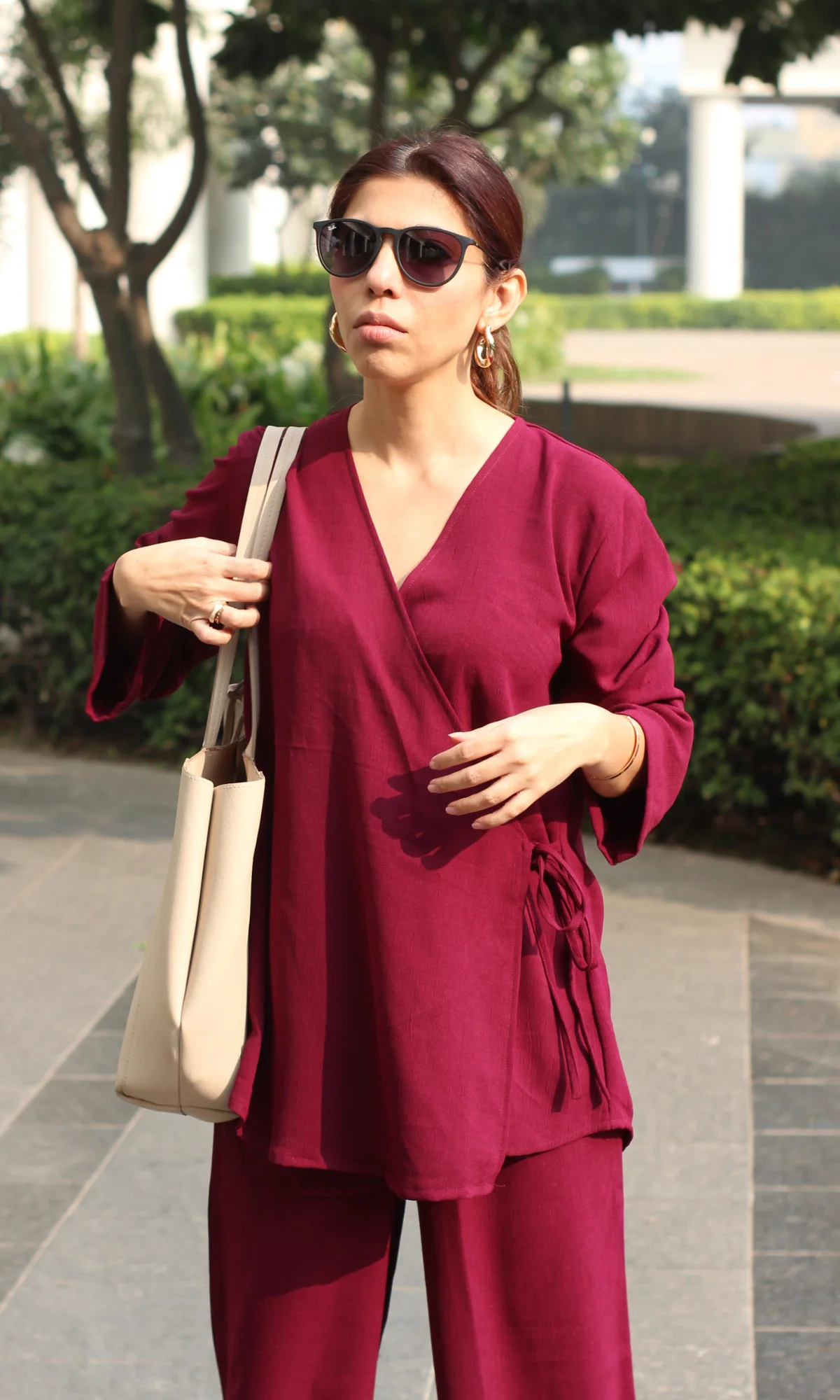 Cherry Textured Tie Detail Kimono Top with Pants Co-ord - Image 5