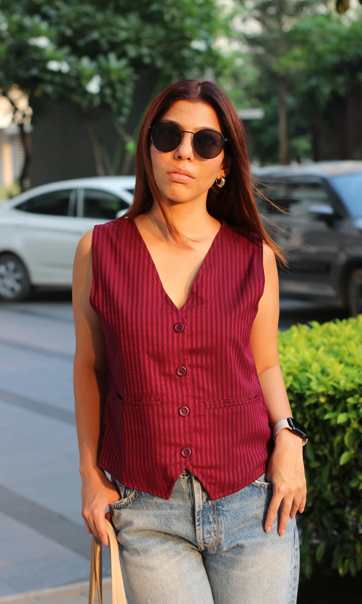 Cherry Wine Striped Waist Coat - Image 4