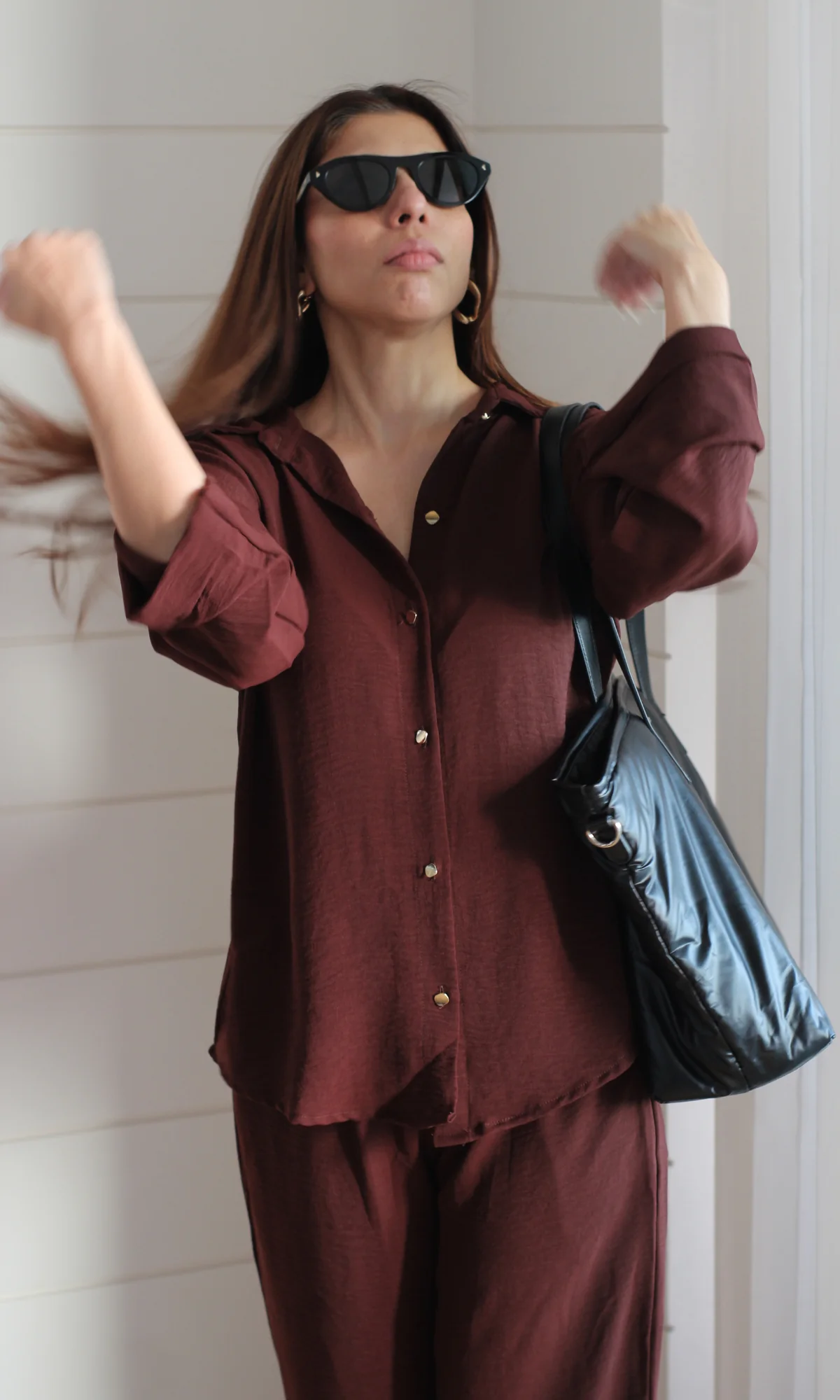 Chocolate Metallic Buttoned Shirt and Pants Co-ord - Image 2