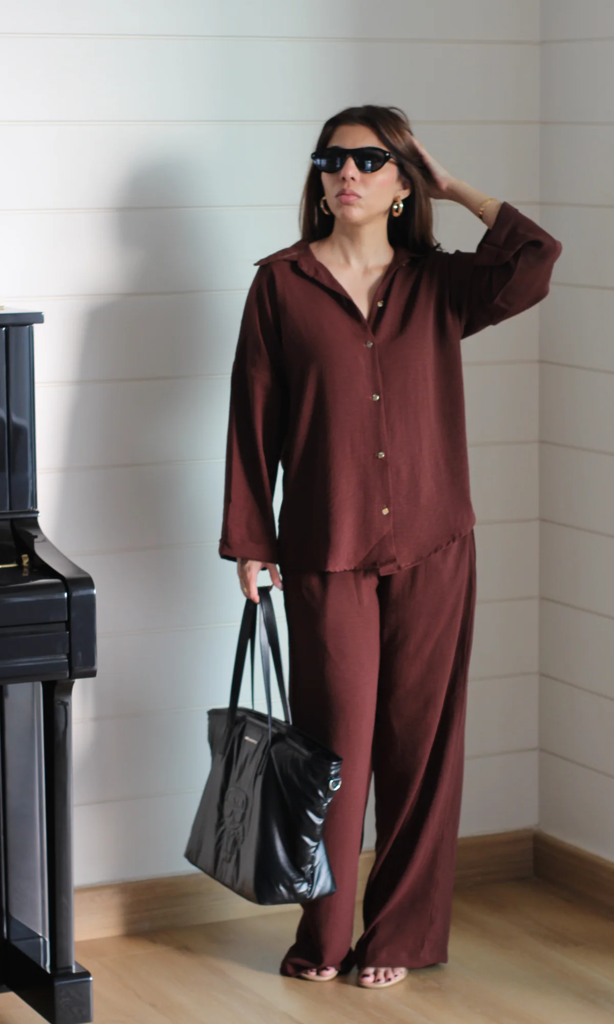 Chocolate Metallic Buttoned Shirt and Pants Co-ord - Image 4