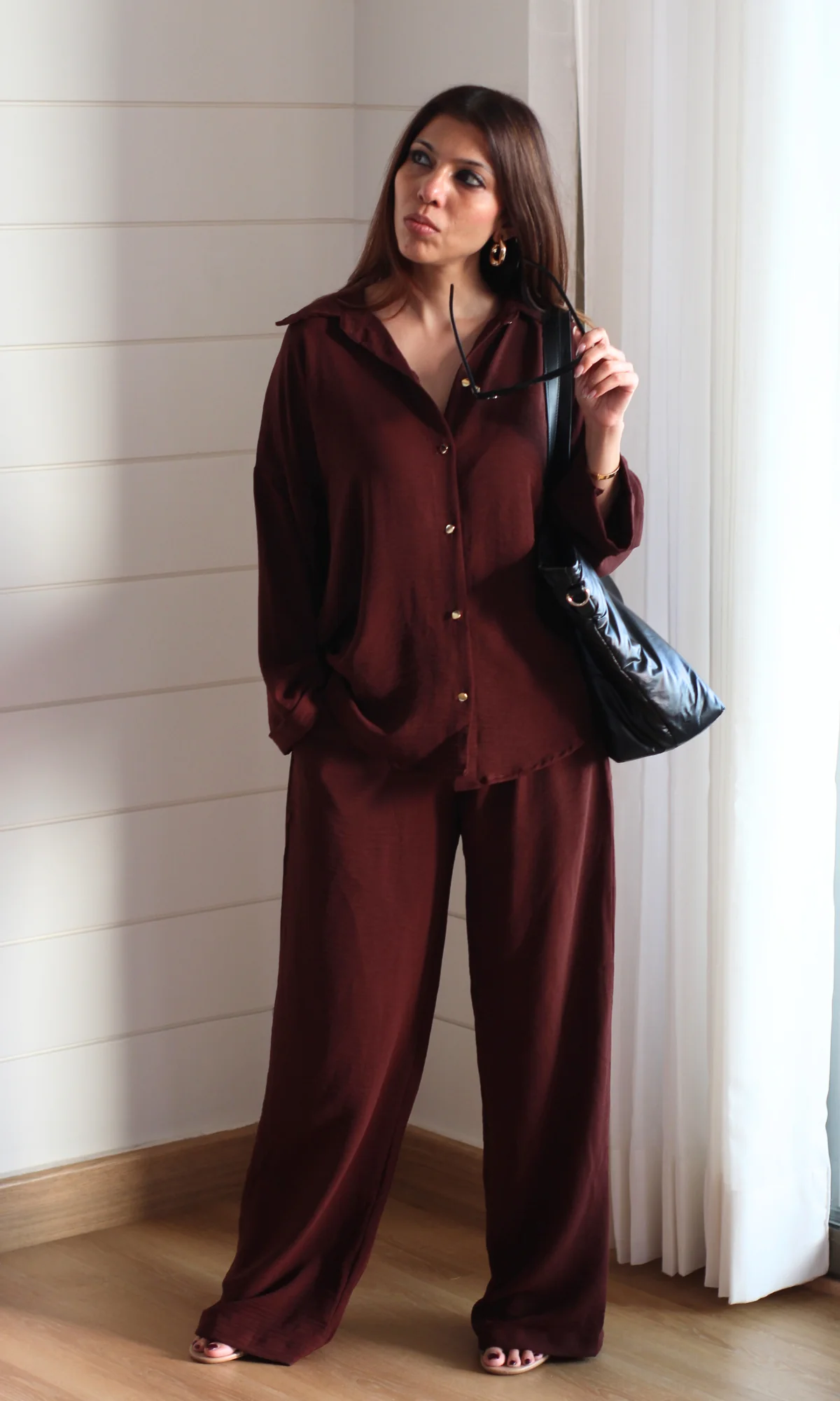 Chocolate Metallic Buttoned Shirt and Pants Co-ord - Image 5