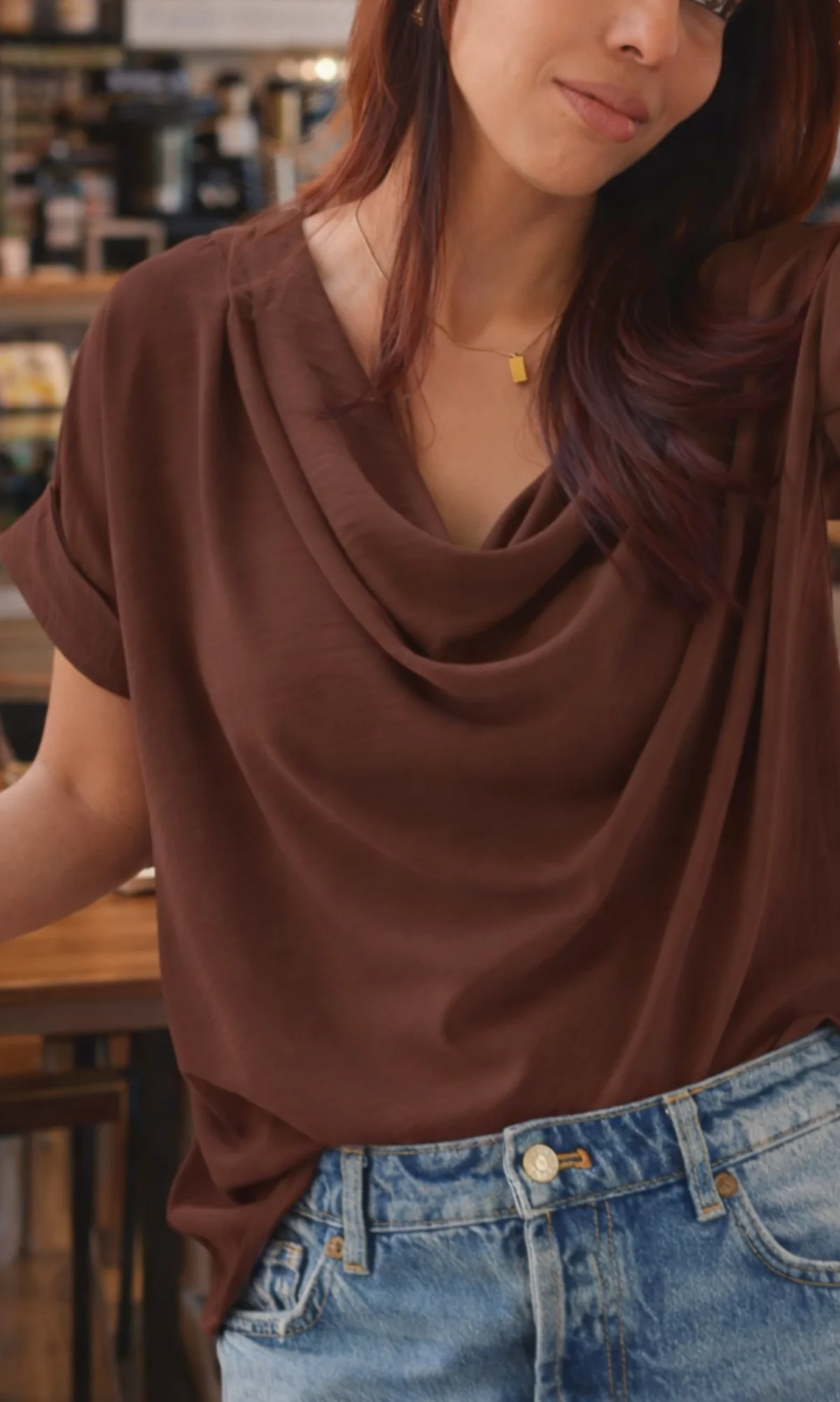 Cocoa Flowing Cowl Neck Top - Image 2