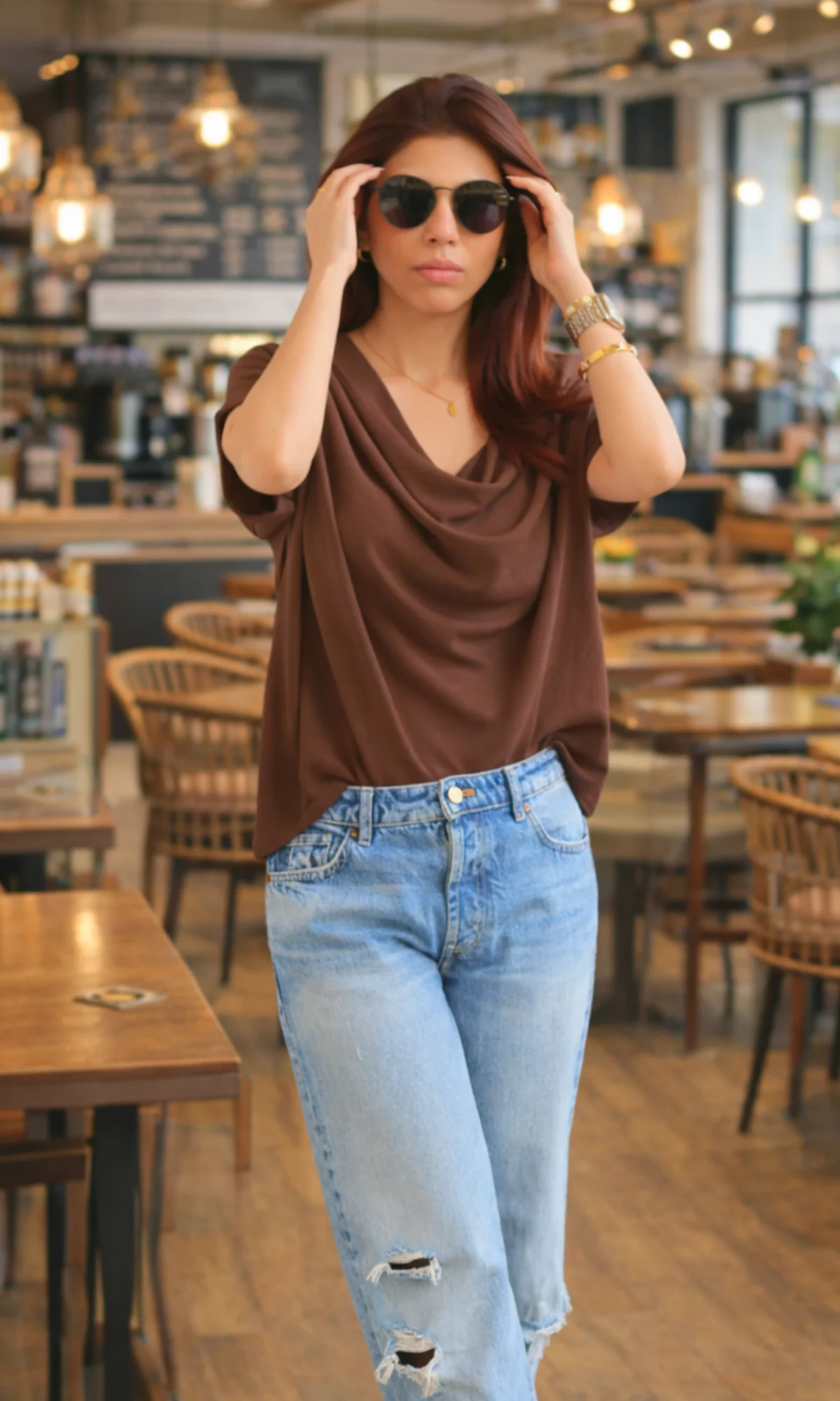 Cocoa Flowing Cowl Neck Top - Image 3