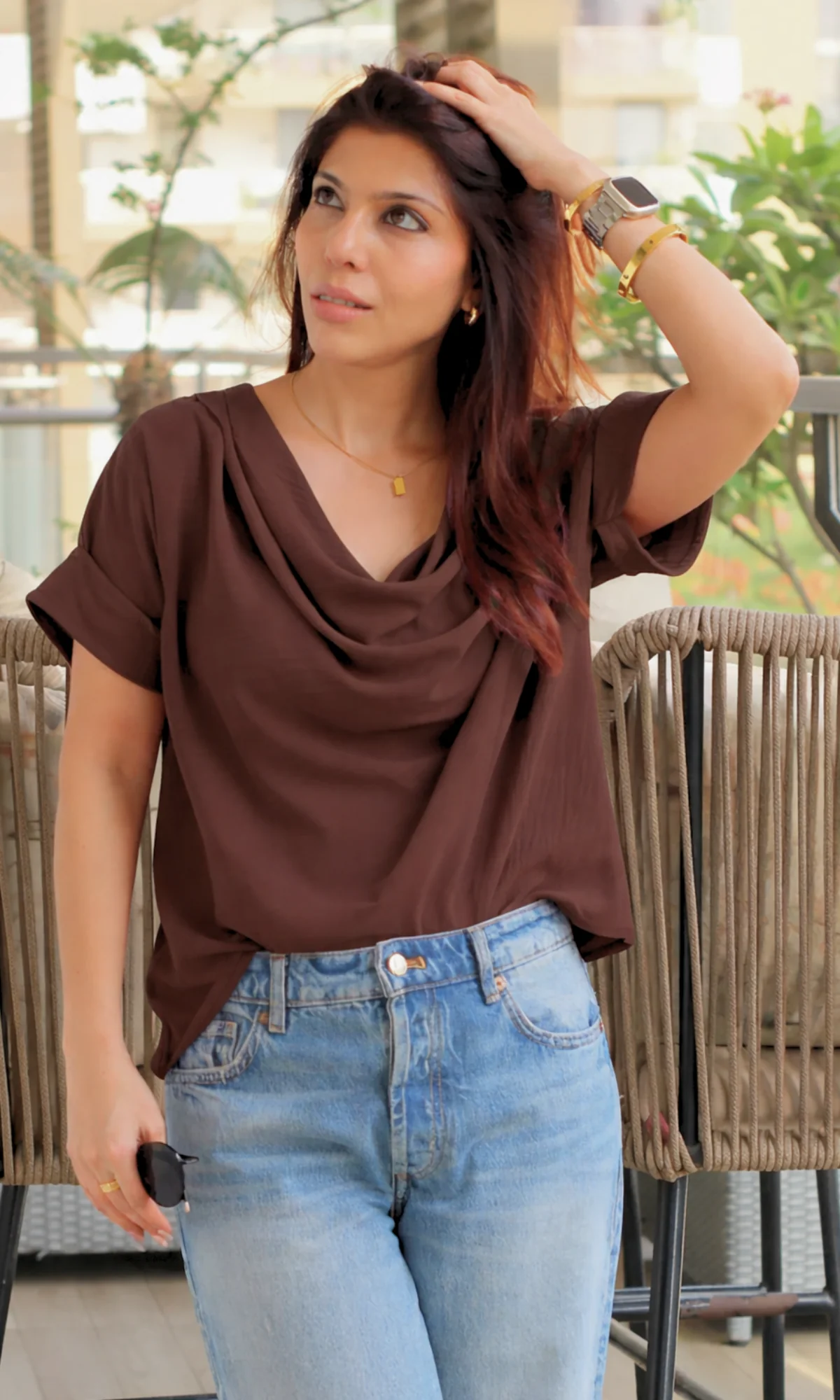 Cocoa Flowing Cowl Neck Top - Image 4