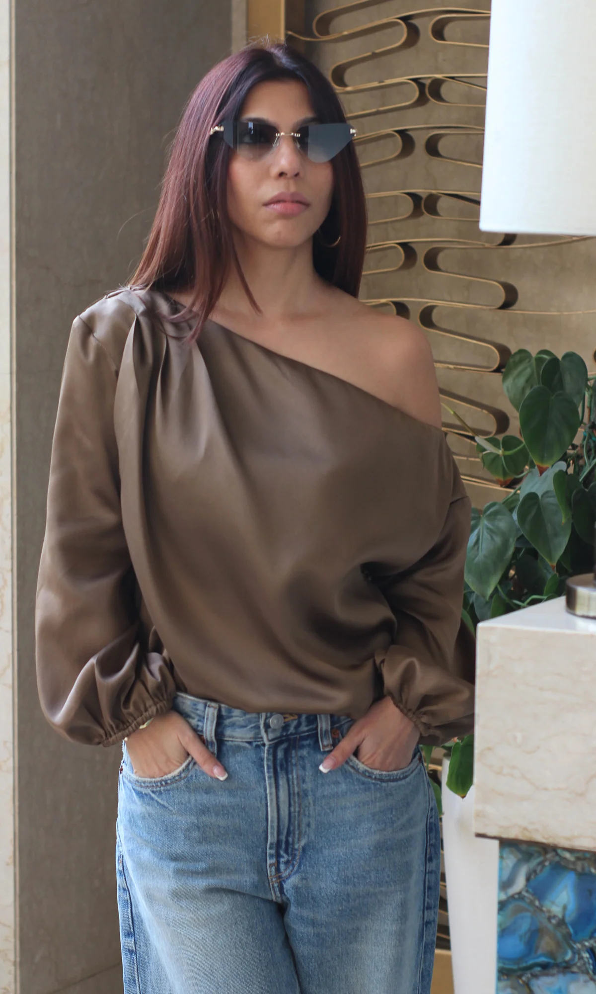 Coffee Balloon Sleeved One Shoulder Top - Image 2