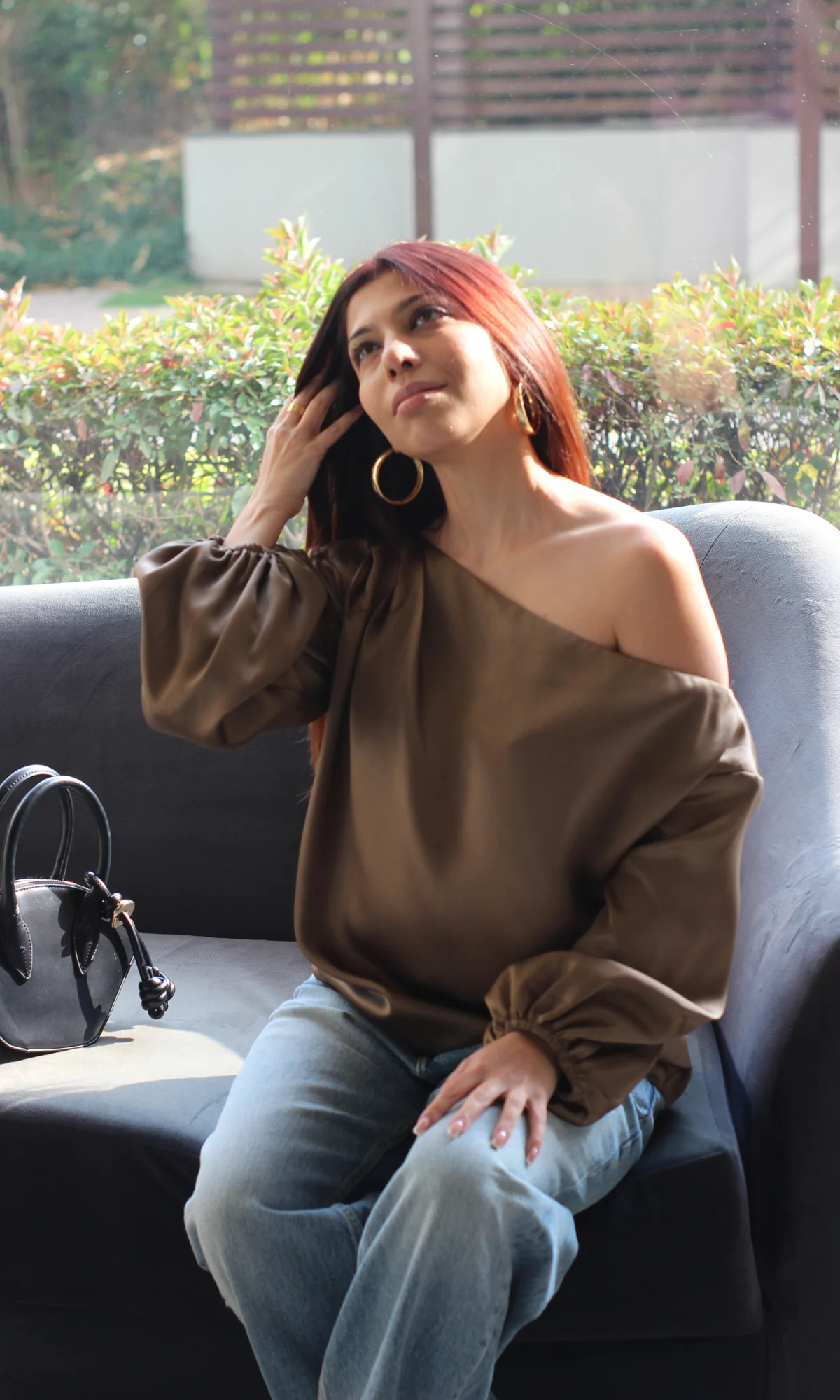 Coffee Balloon Sleeved One Shoulder Top - Image 3
