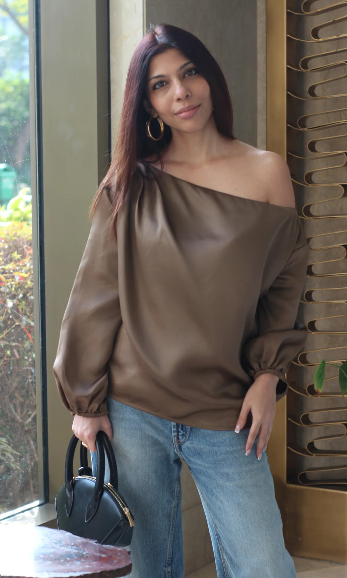 Coffee Balloon Sleeved One Shoulder Top - Image 4