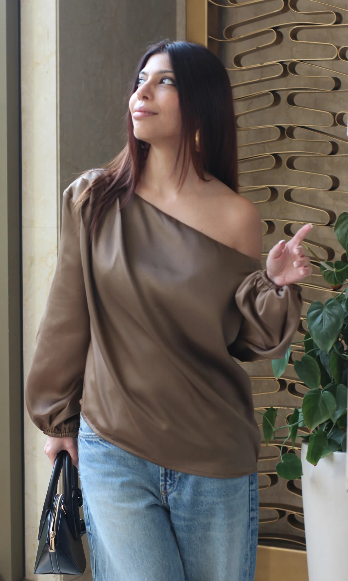 Coffee Balloon Sleeved One Shoulder Top - Image 5