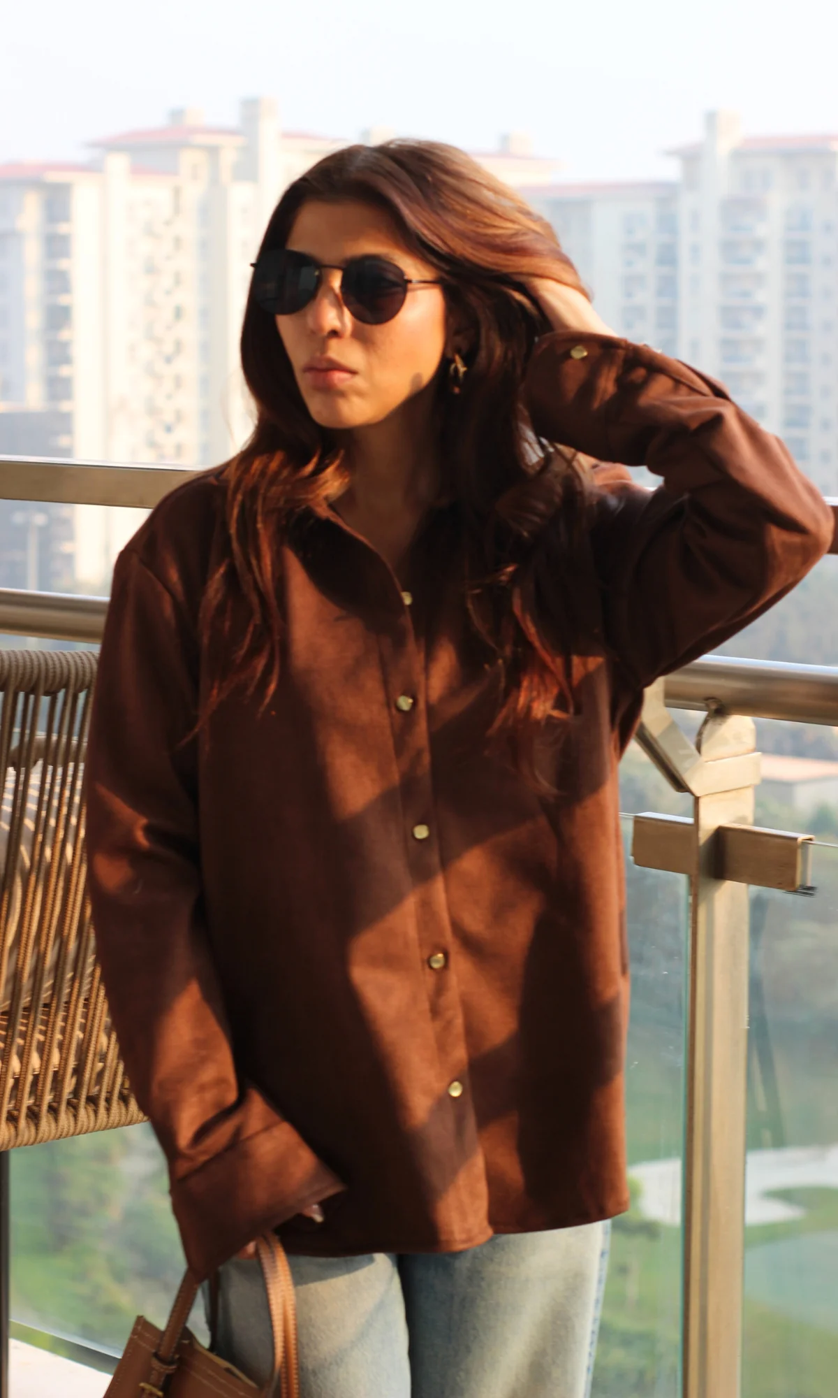 Coffee Suede Metallic Buttoned Shirt - Image 3