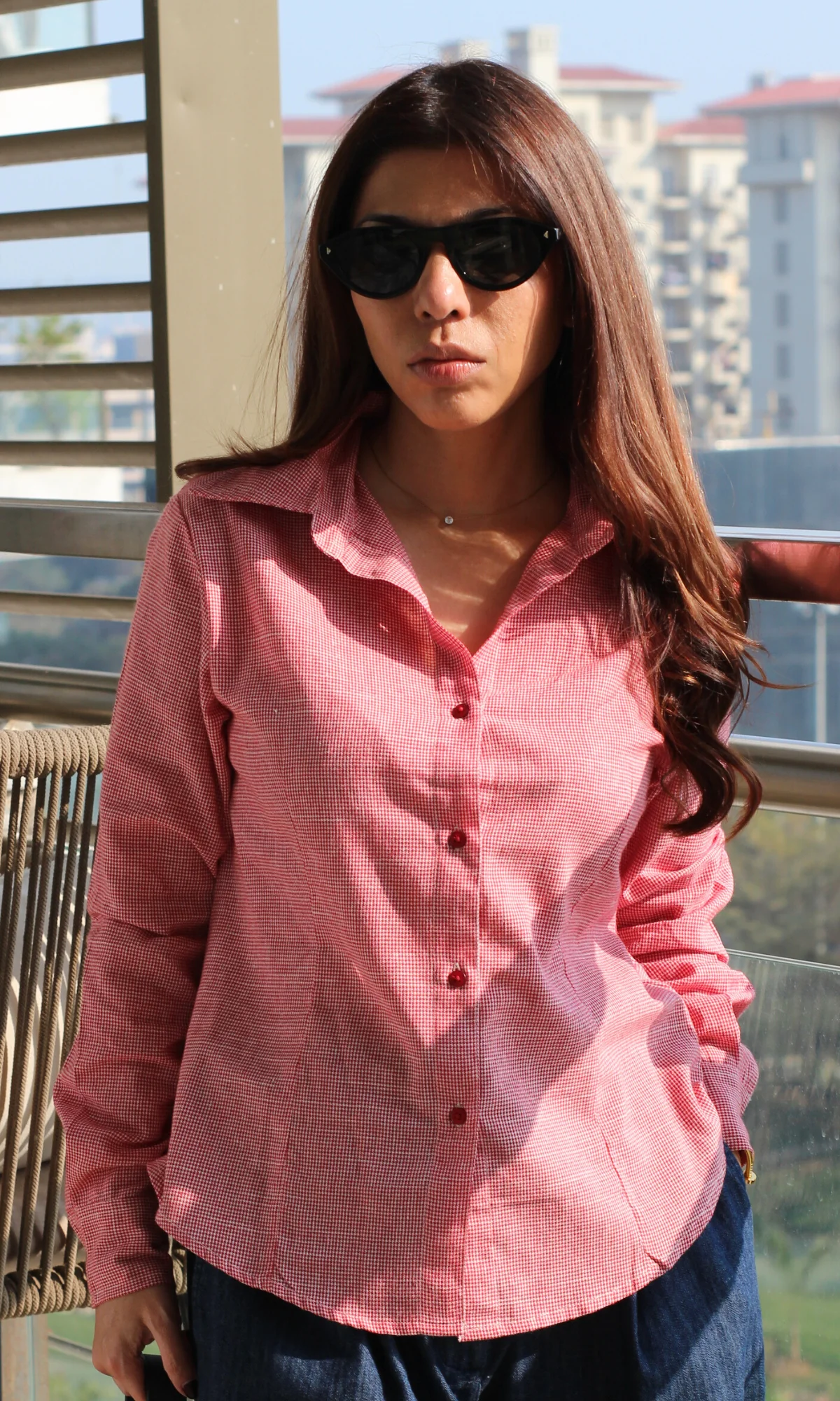 Coral Micro-Check Peplum Shirt - Image 2