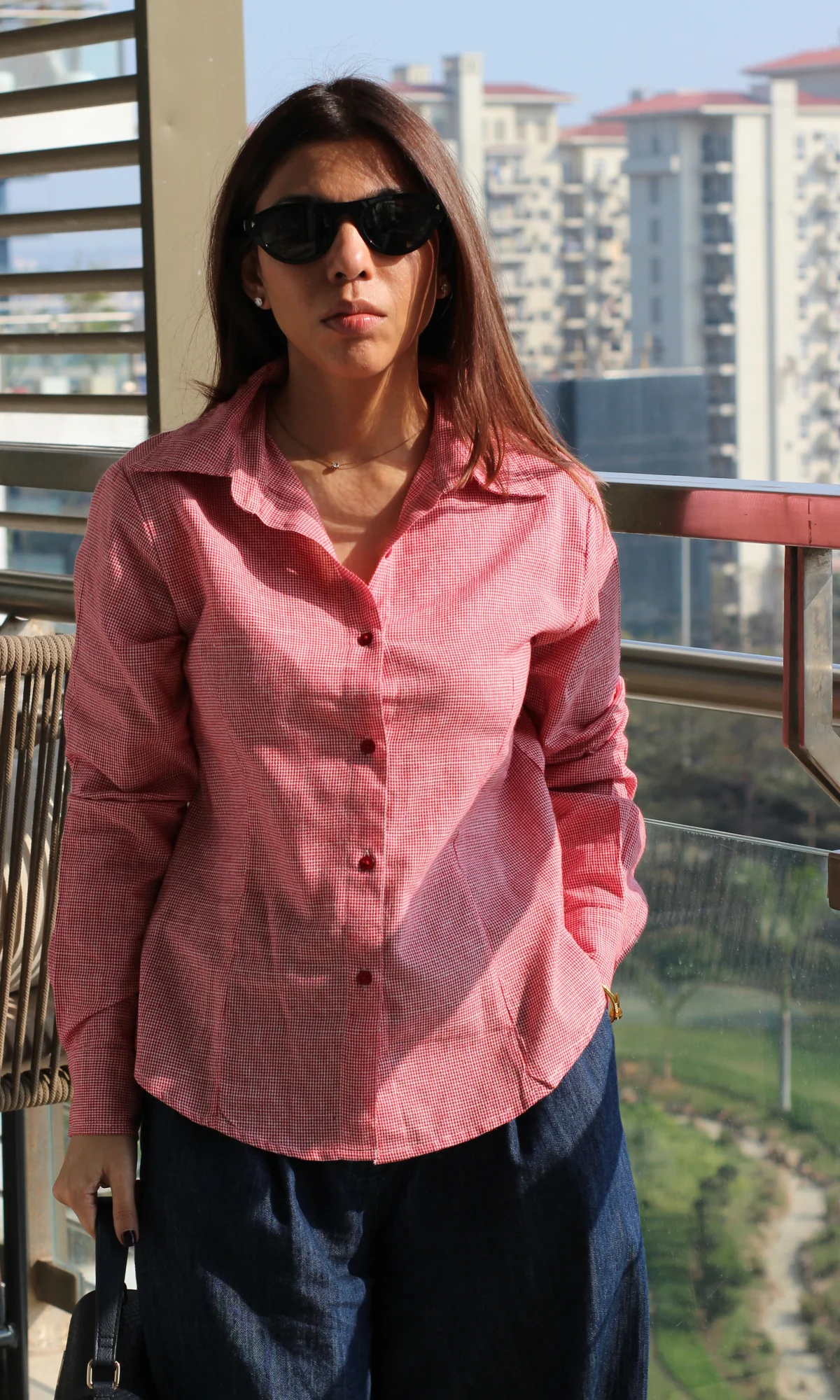 Coral Micro-Check Peplum Shirt - Image 5