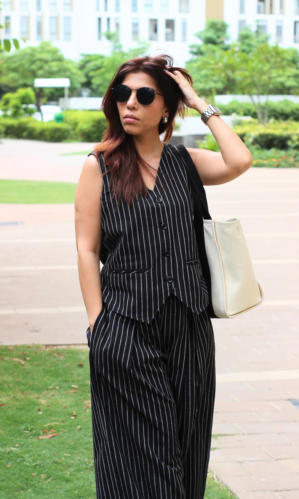 Cotton Black Pinstripe Waistcoat with Flowy Wide-leg Trousers
