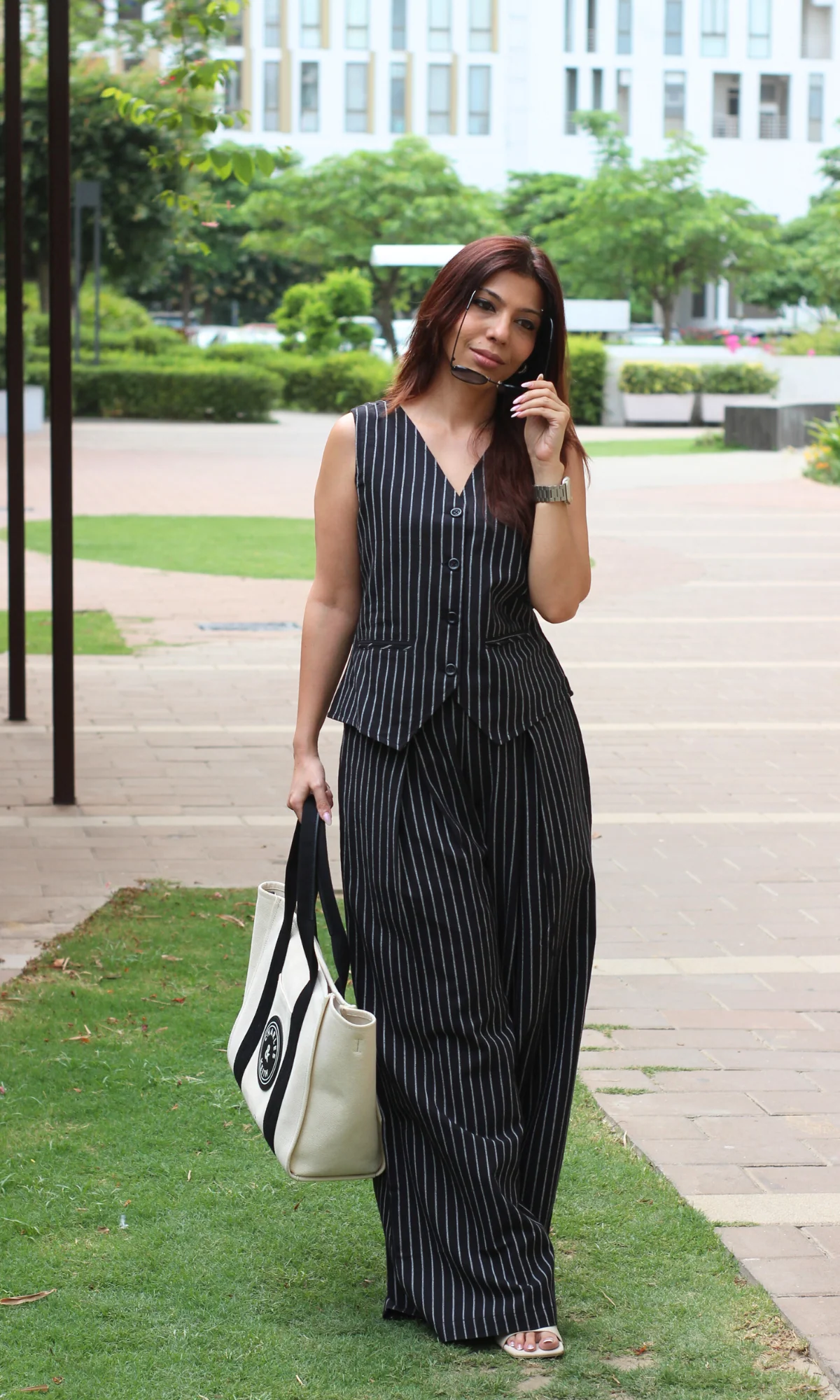 Cotton Black Pinstripe Waistcoat with Flowy Wide-leg Trousers - Image 2