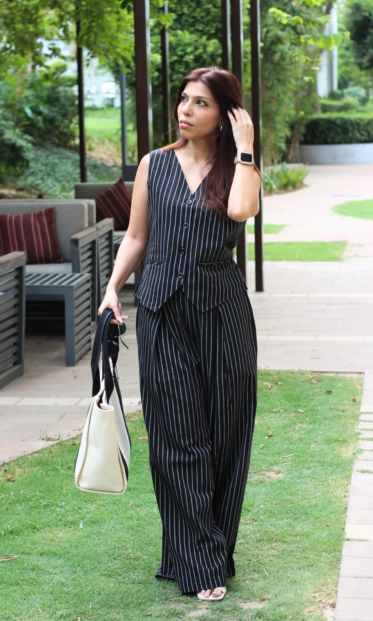 Cotton Black Pinstripe Waistcoat with Flowy Wide-leg Trousers - Image 4