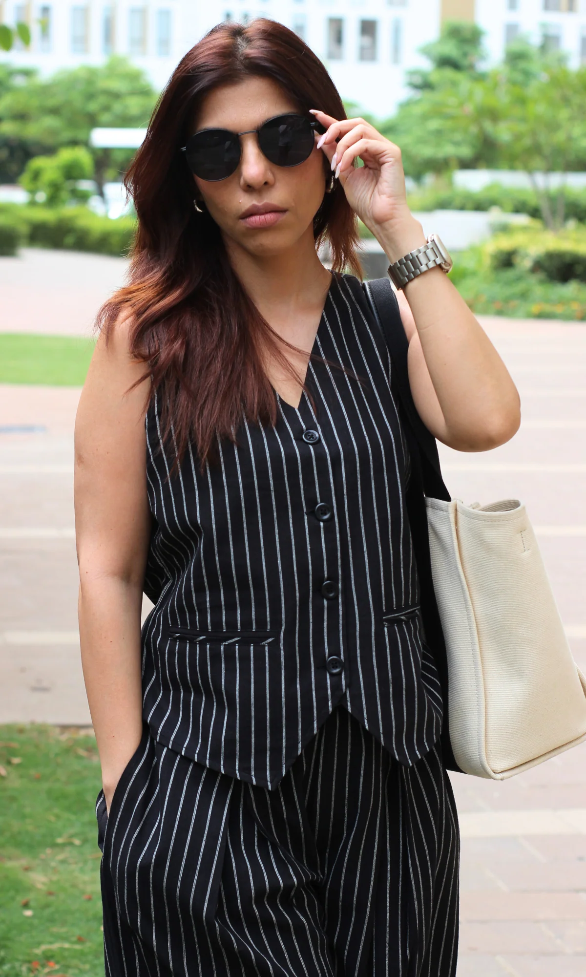 Cotton Black Pinstripe Waistcoat with Flowy Wide-leg Trousers - Image 5