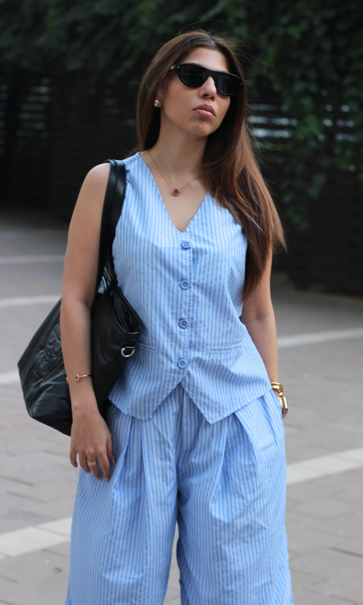 Cotton Blue Pinstripe Waistcoat with Flowy Wide-leg Trousers