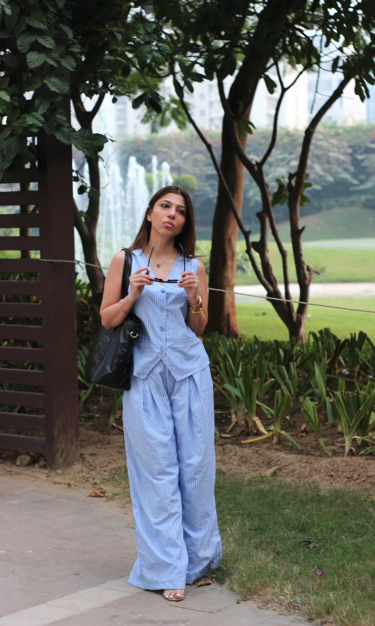 Cotton Blue Pinstripe Waistcoat with Flowy Wide-leg Trousers - Image 2