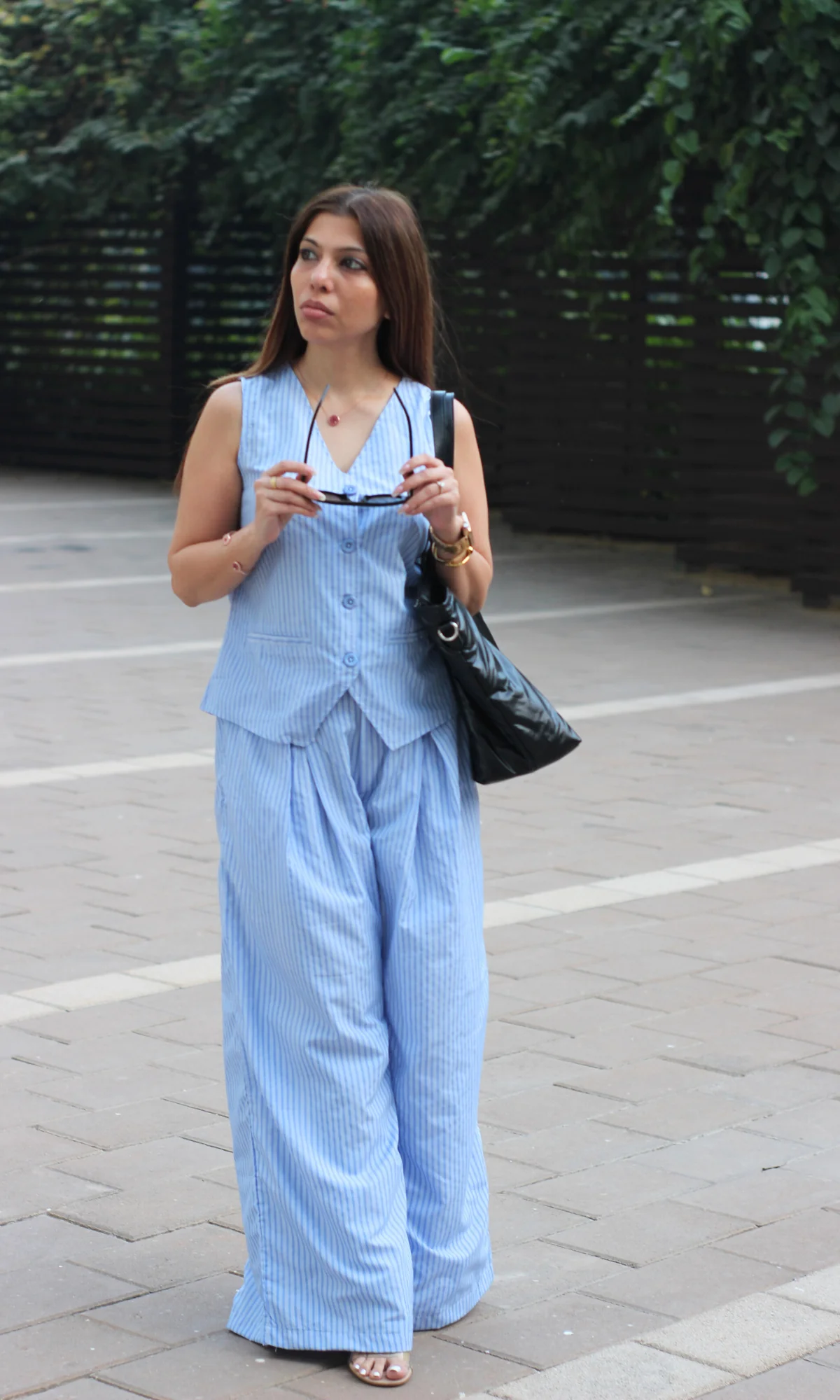 Cotton Blue Pinstripe Waistcoat with Flowy Wide-leg Trousers - Image 3