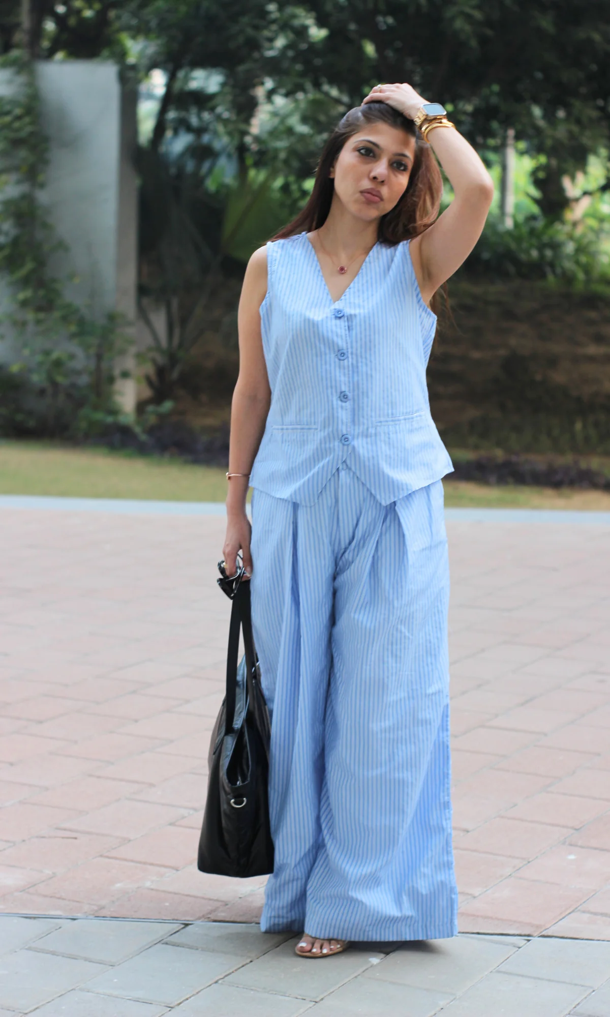 Cotton Blue Pinstripe Waistcoat with Flowy Wide-leg Trousers - Image 5