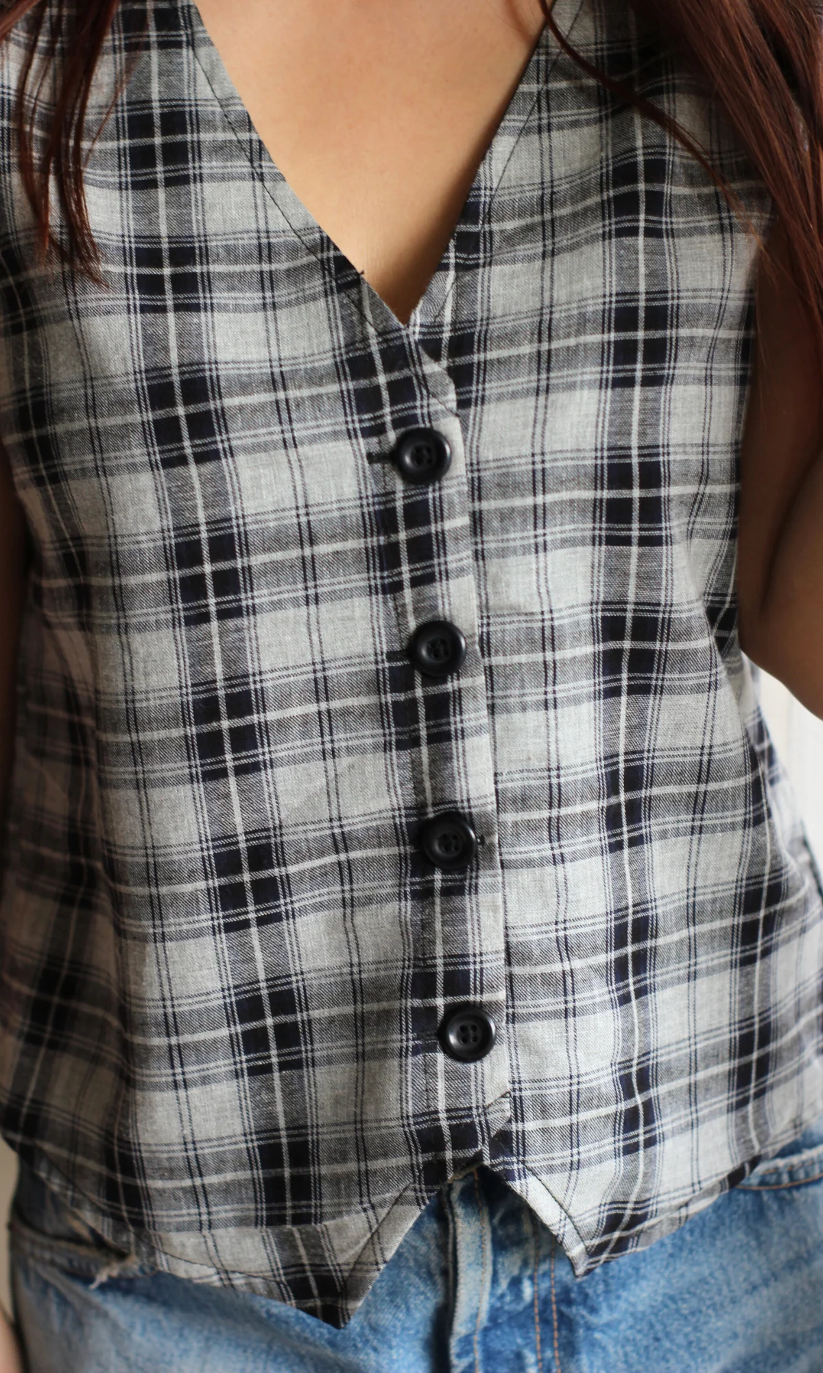 Classic Black & White Plaid Waist Coat - Image 2