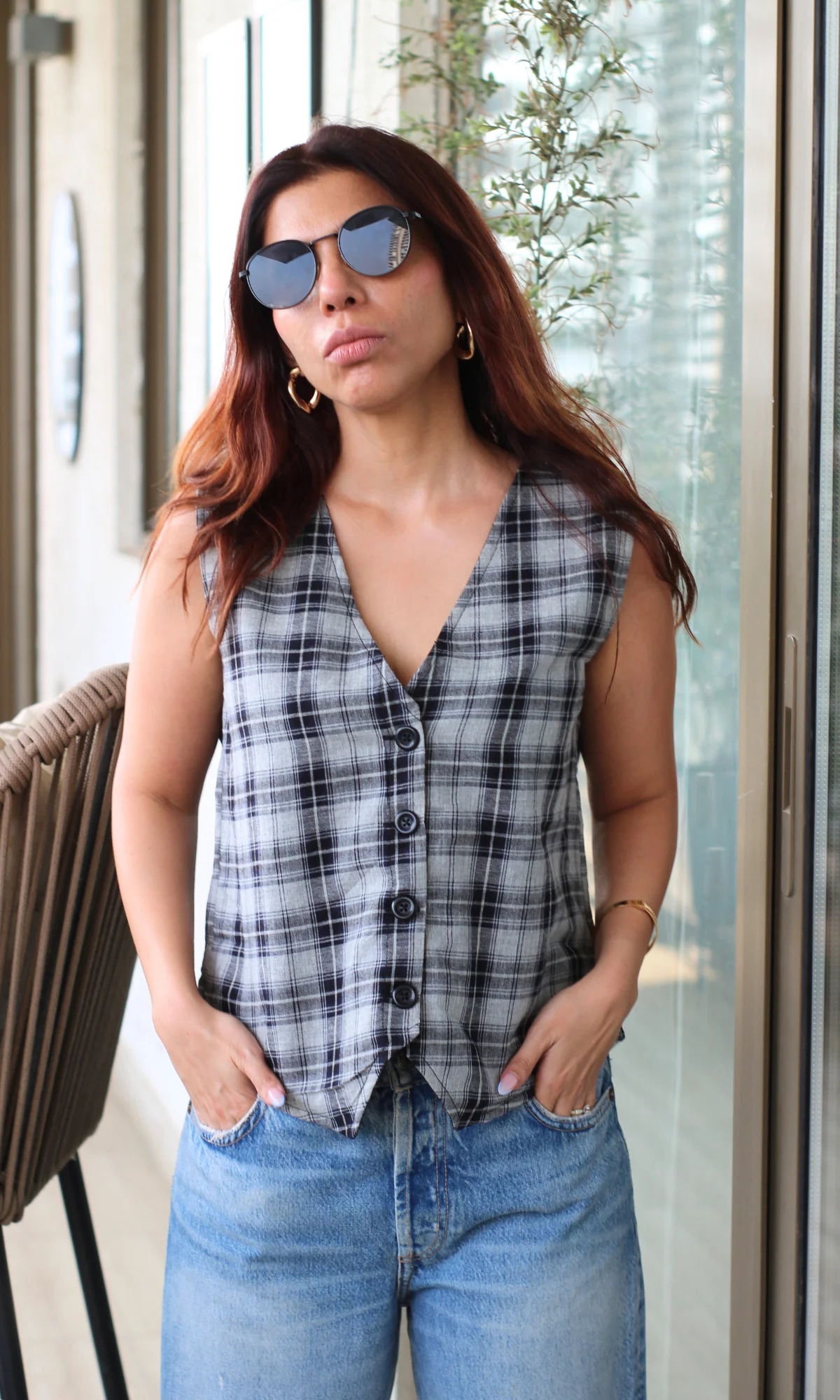 Classic Black & White Plaid Waist Coat - Image 3