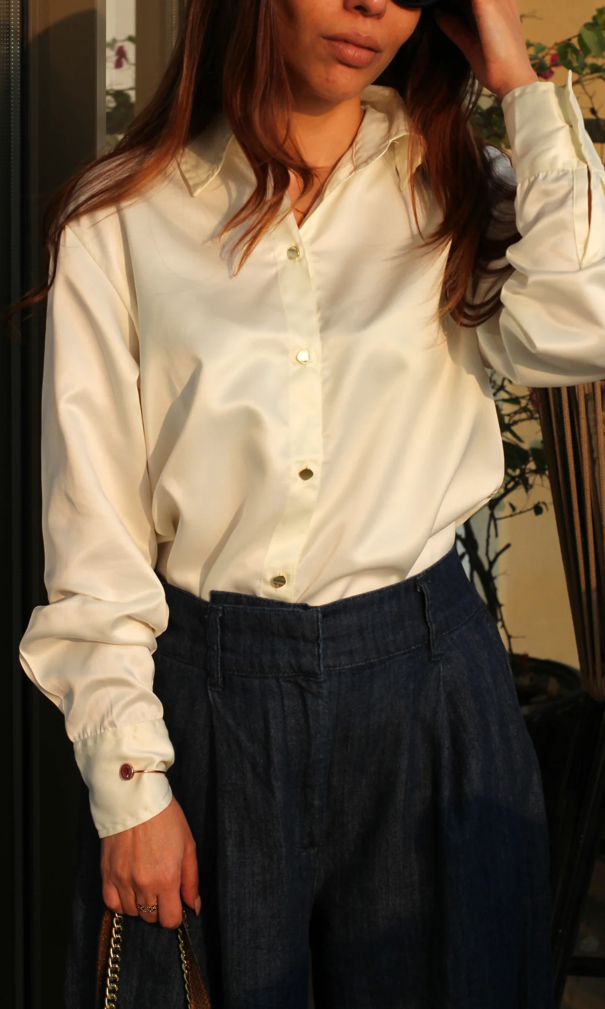 Cream Satin Metallic Buttoned Shirt - Image 4