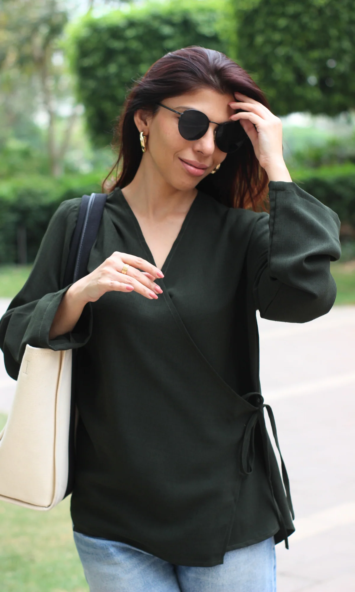 Dark Olive Textured Tie Detail Kimono Top - Image 5