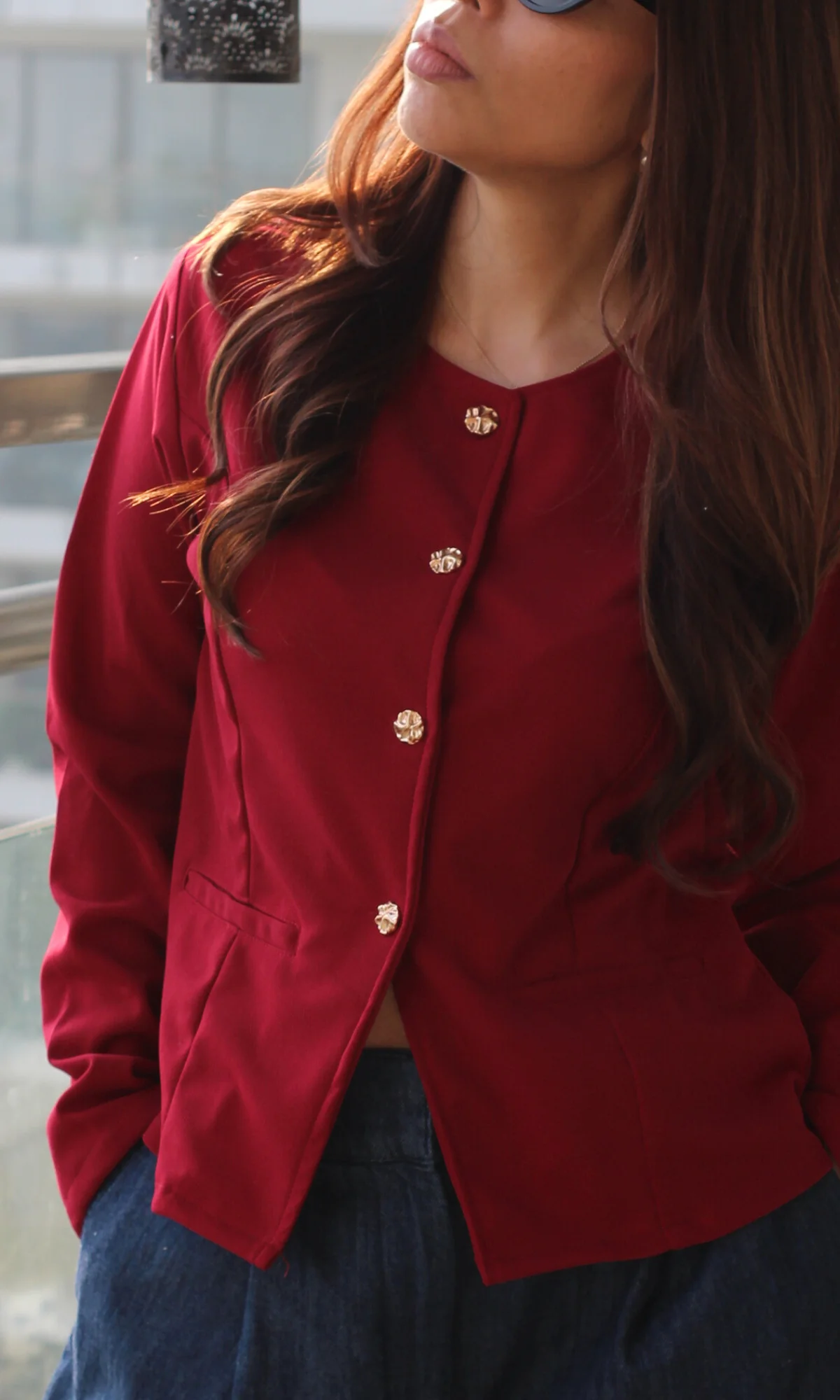 Dark Crimson Sleeved Metallic Buttoned Waist Coat - Image 4