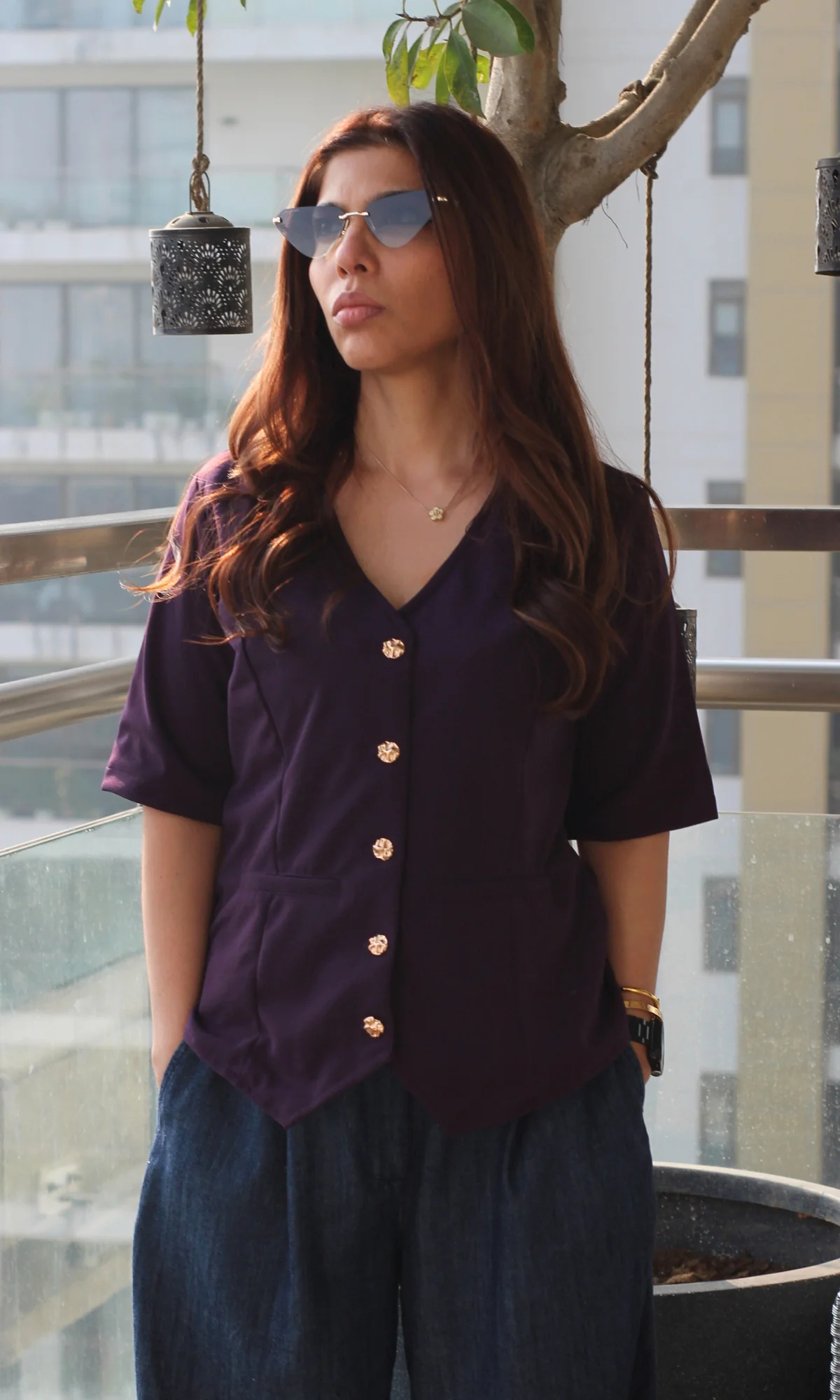 Dark Violet Sleeved Metallic Buttoned Waist Coat - Image 2