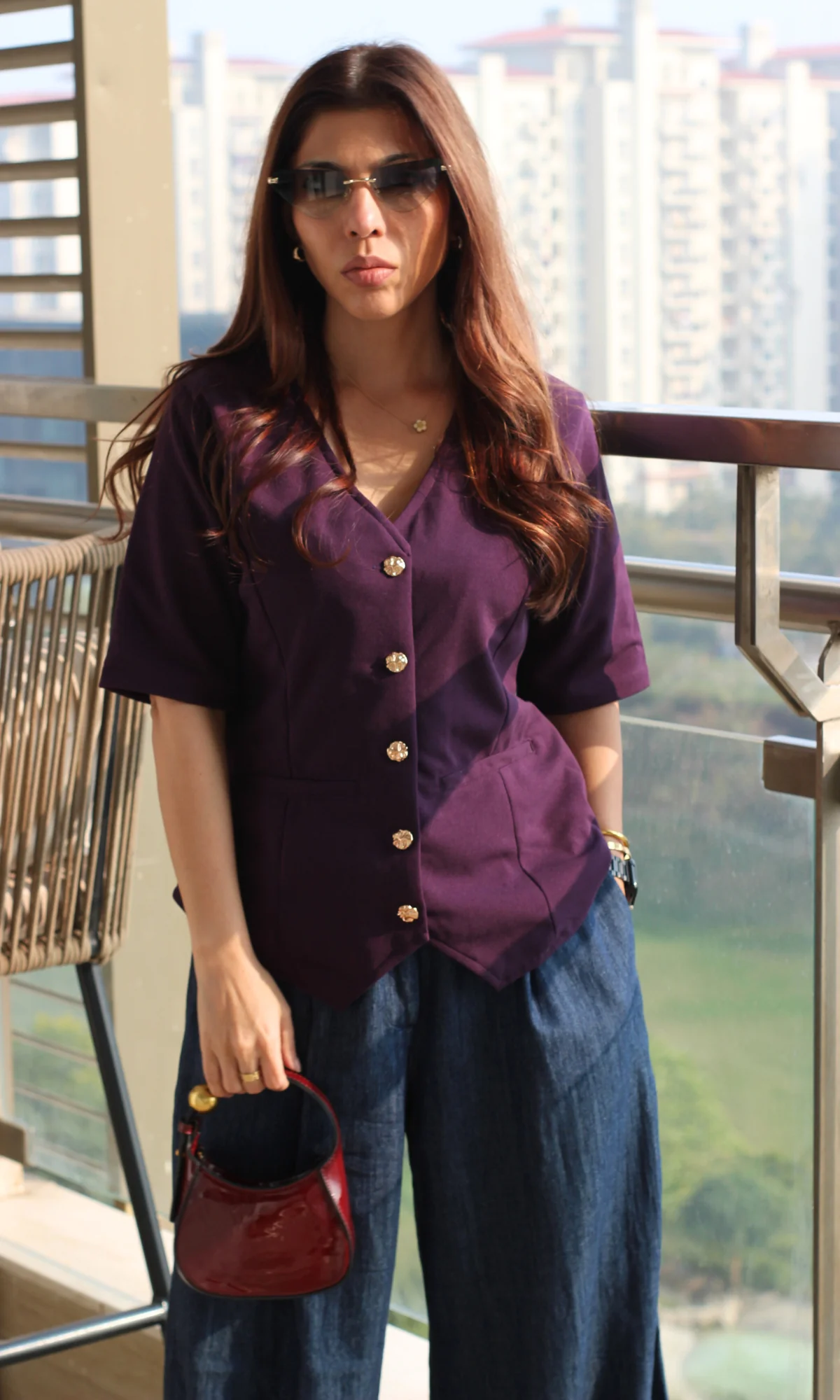 Dark Violet Sleeved Metallic Buttoned Waist Coat - Image 3