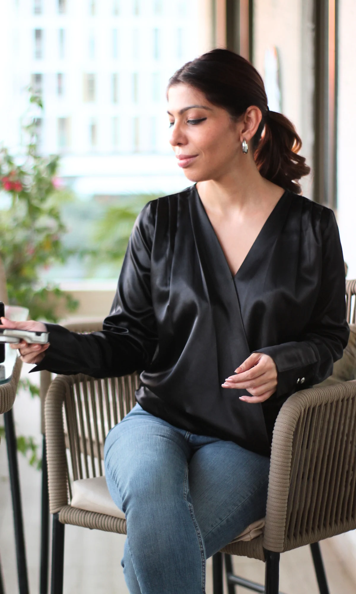 Deep Black V-Neck Pleated Top - Image 2